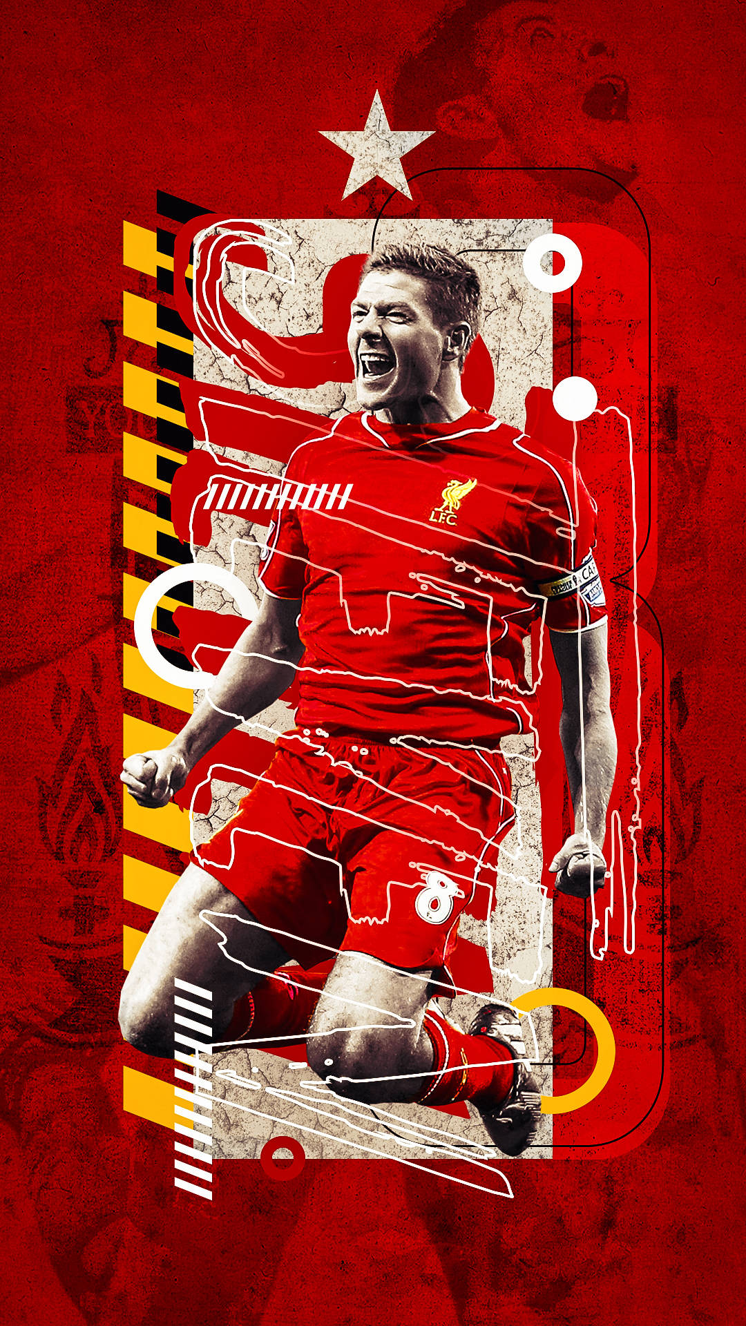 Steven Gerrard 桌布 壁紙 — 一名充滿活力的足球員身穿紅色利物浦球衣，在鮮紅色的背景上，配合圖形疊加和星星，勝利地慶祝。