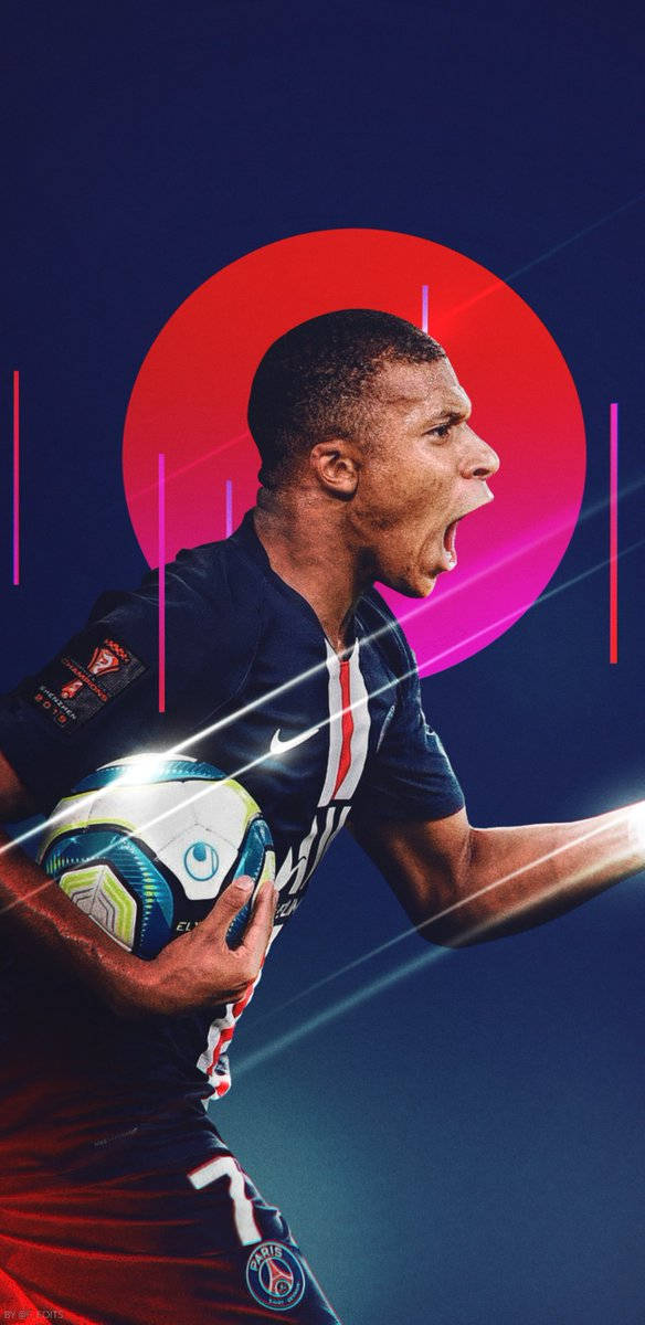 Kylian Mbappe 桌布 壁紙 — 一名充滿活力的足球運動員身穿巴黎聖日耳曼球衣，在帶有霓虹條紋的鮮紅色圓形背景前咆哮著，同時抱著一個球。