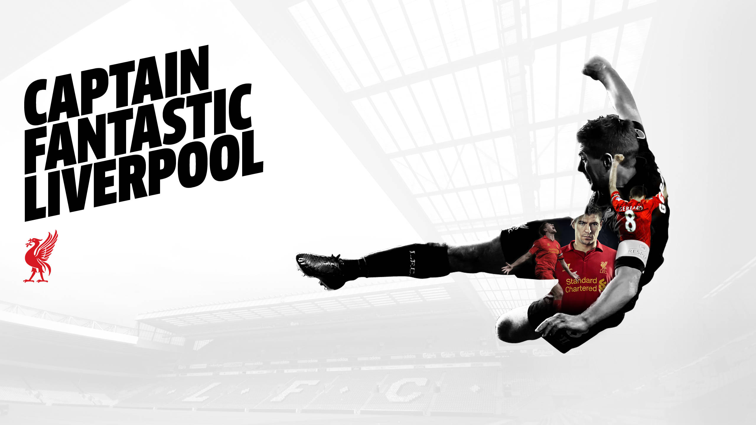 Steven Gerrard 桌布 壁紙 — 一名充滿活力的足球運動員身穿紅色利物浦球衣，在單色球場背景下雙臂高舉躍起。