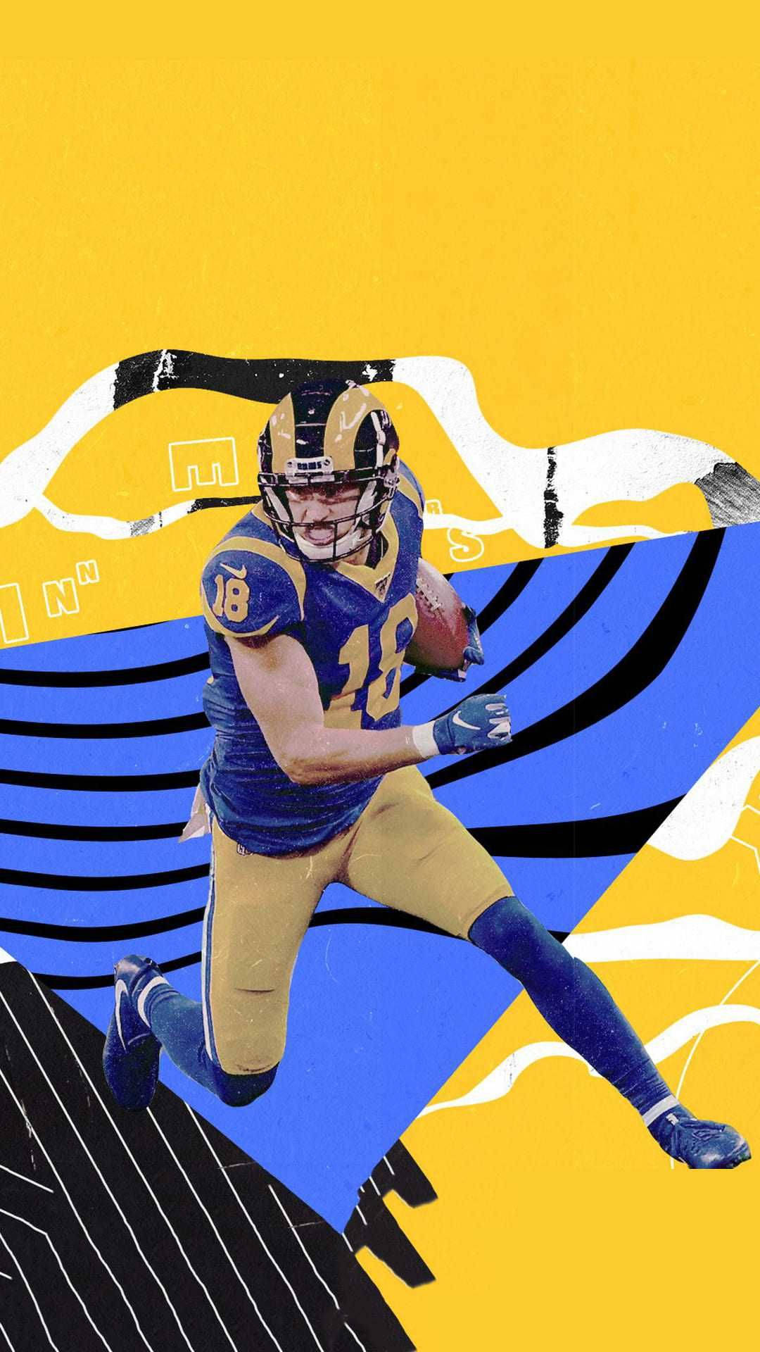 身穿藍色和金色球衣的足球運動員在風格化背景中帶球奔跑。 — NFL GIF 壁紙