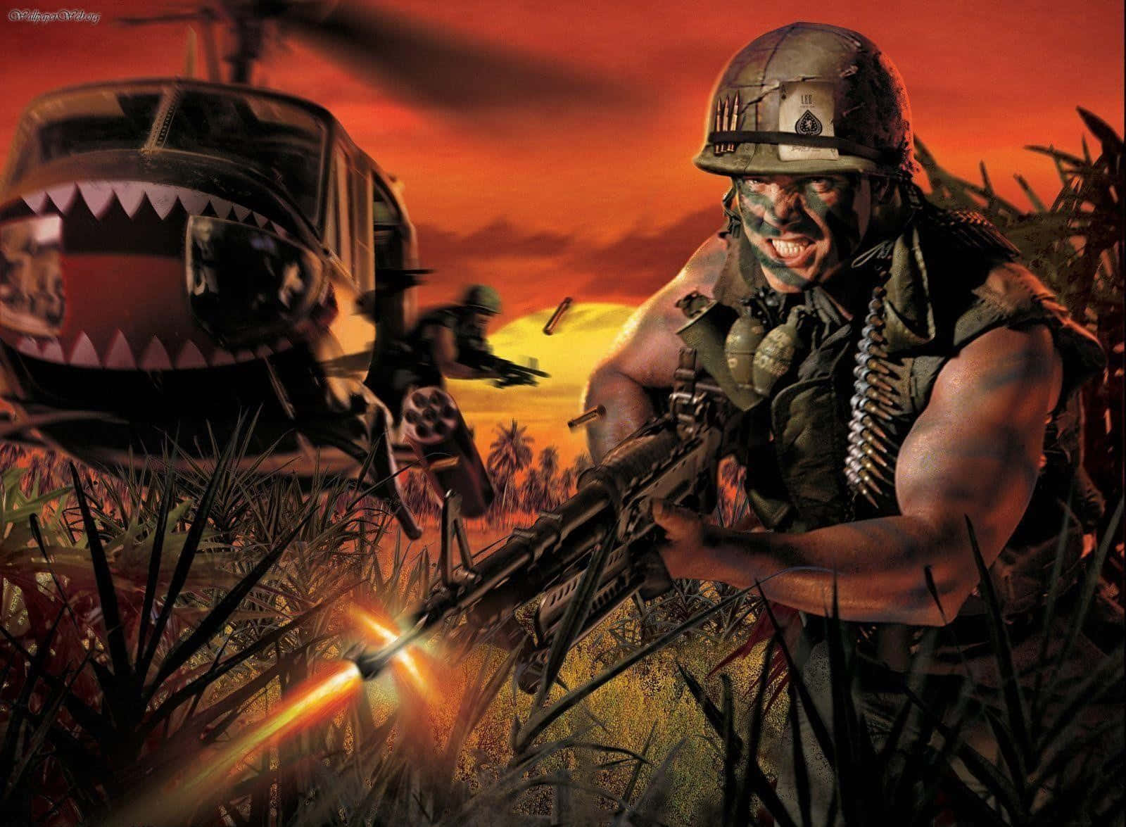 Best Battlefield V 桌布 壁紙 — 一名兇猛的士兵在叢林中開槍射擊，一架鯊魚嘴直升機在熾熱的夕陽下盤旋。