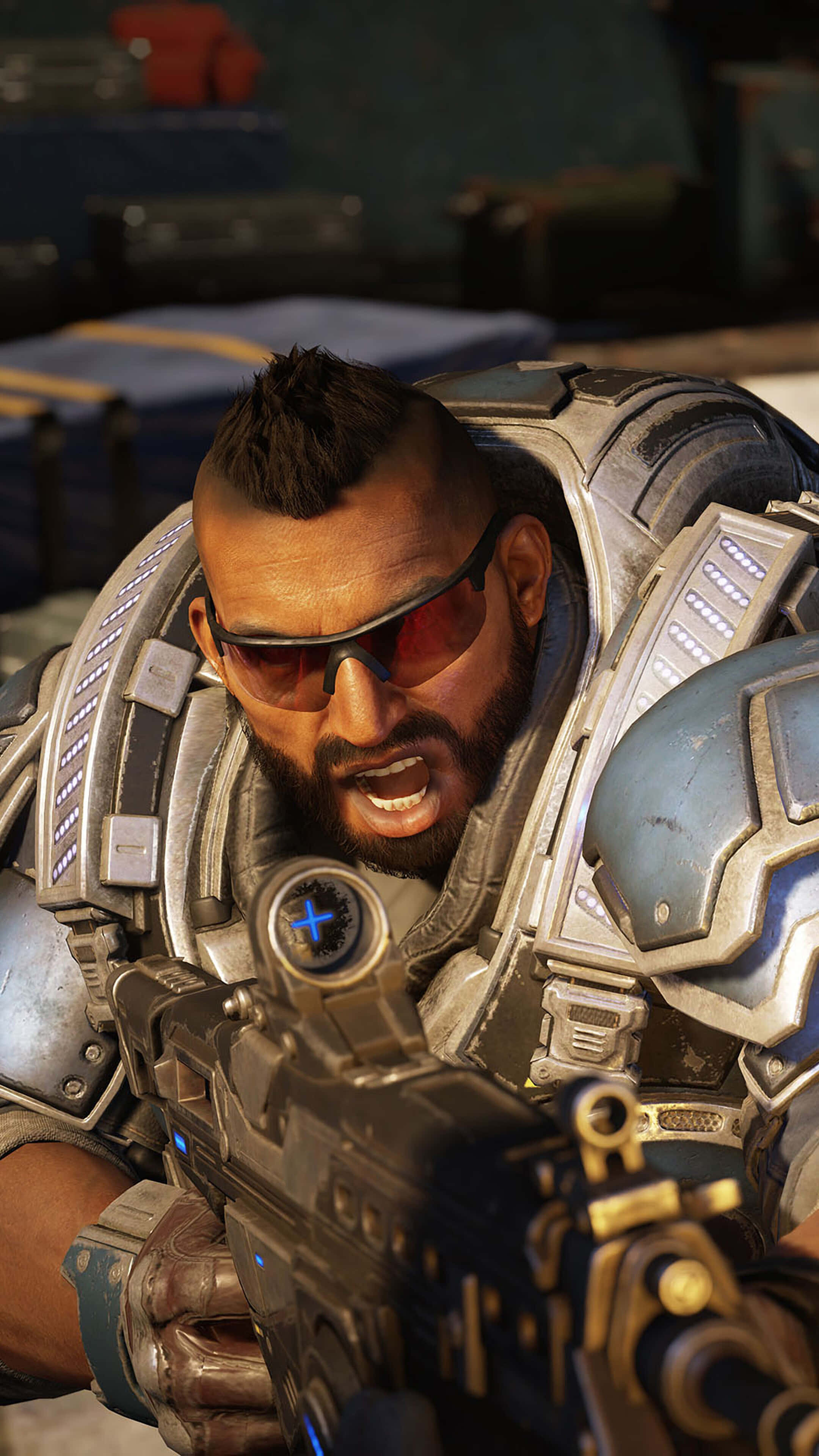 Android Gears Of War 5 桌布 壁紙 — 一名兇猛的士兵身穿未來裝甲，在惡劣的戰鬥區域中一邊瞄準發光武器一邊吶喊。