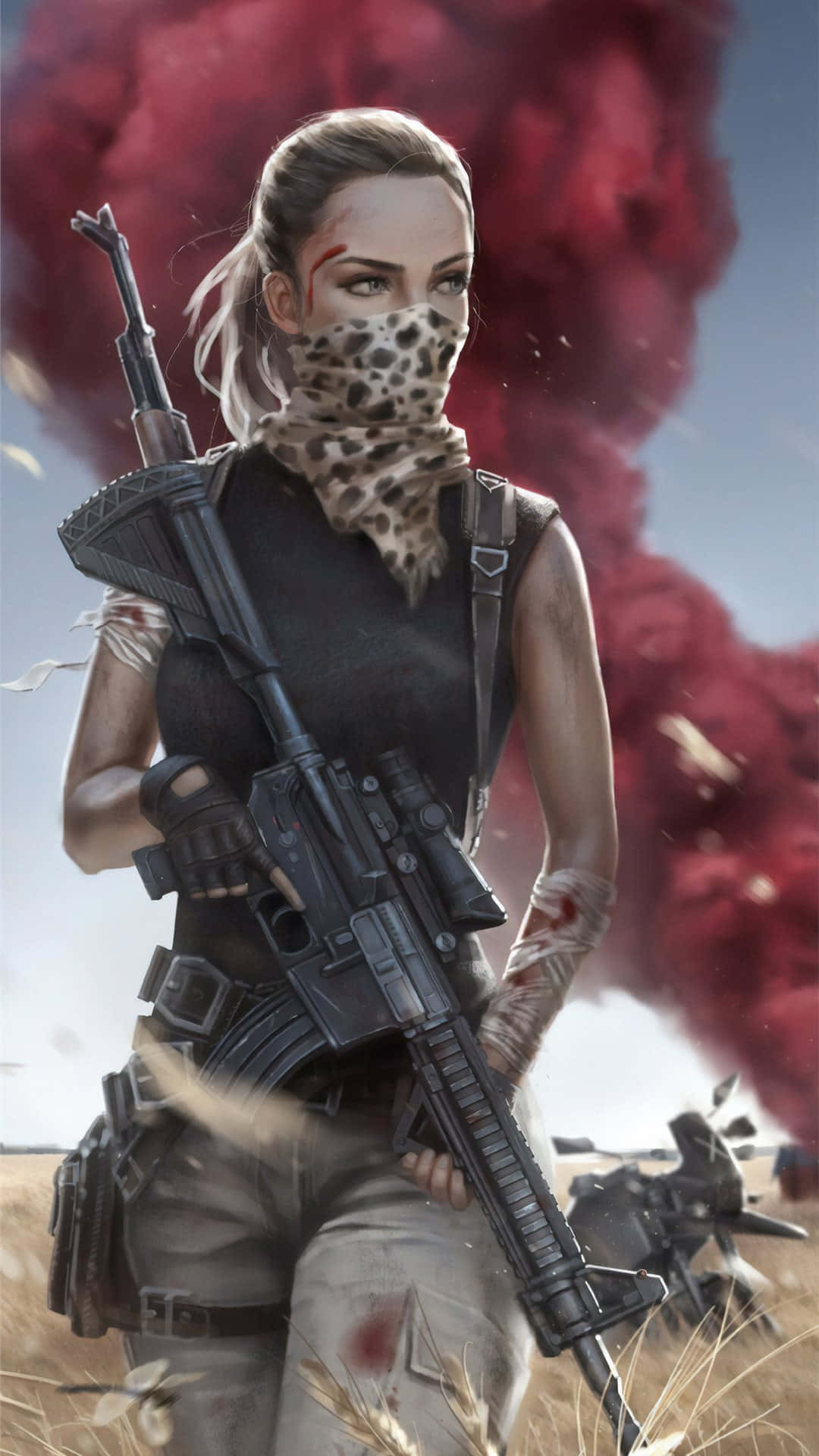 pubg mobile 桌布 壁紙 — 一名兇猛的女兵，戴著豹紋圍巾，手持步槍，站在戰場爆炸中，紅煙彌漫。