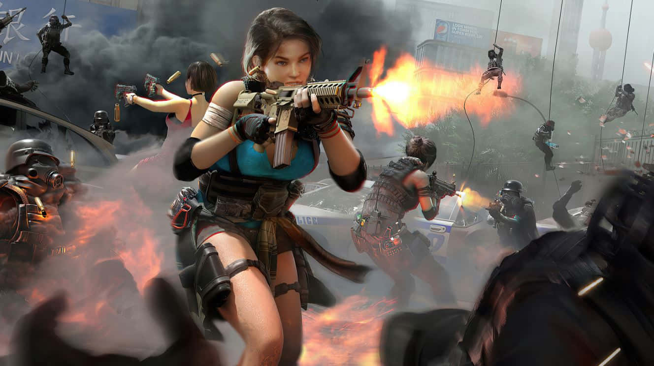 Shooting Game 桌布 壁紙 — 一名兇猛的女兵在充滿煙霧爆炸和空中敵人的混亂城市戰鬥中發射熾熱的步槍。