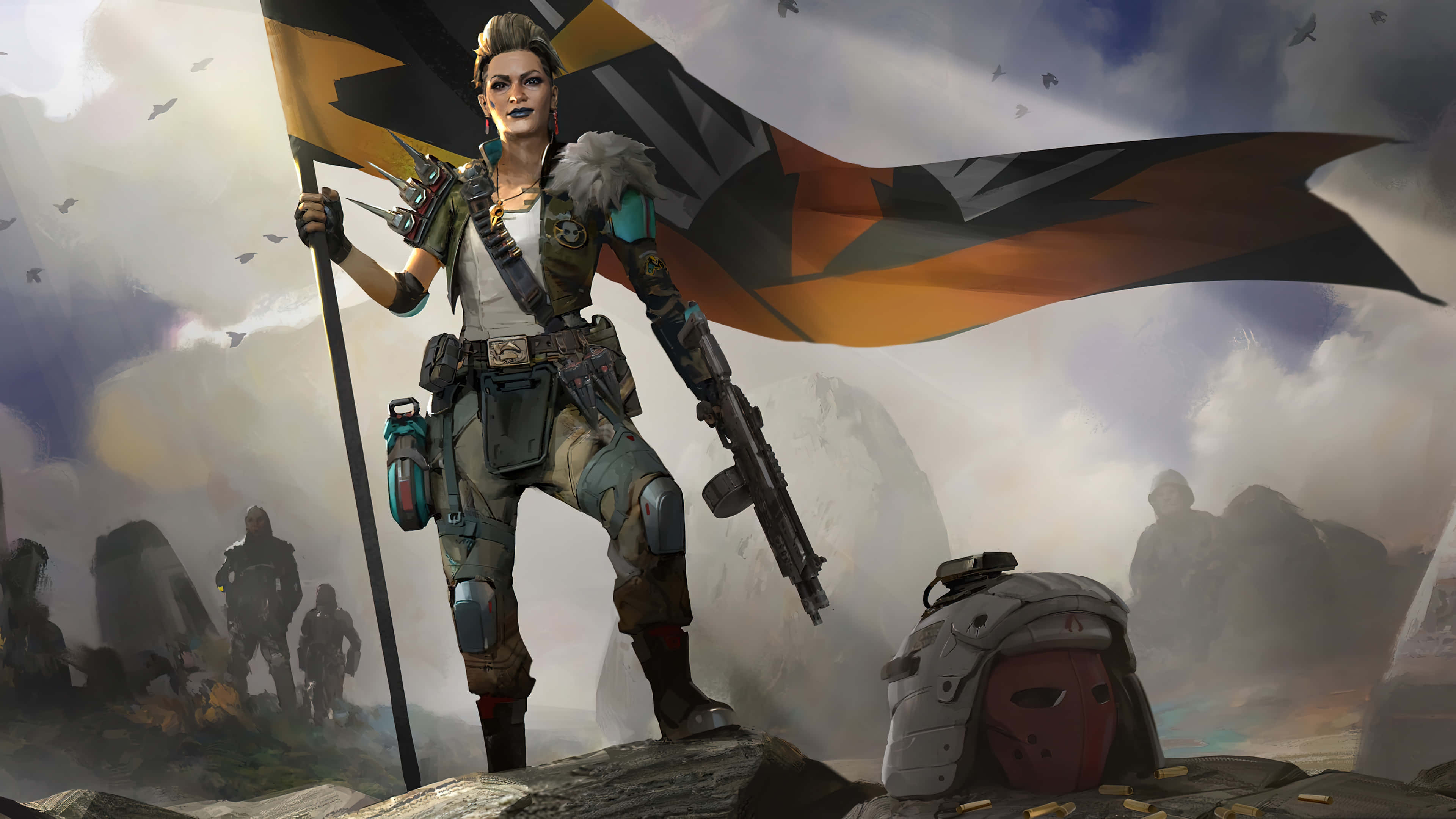 Apex Legends Characters 桌布 壁紙 — 一名兇猛的女兵站在岩石露頭上，手持旗幟和步槍，腳邊有頭盔，霧氣瀰漫的背景中有戰友。