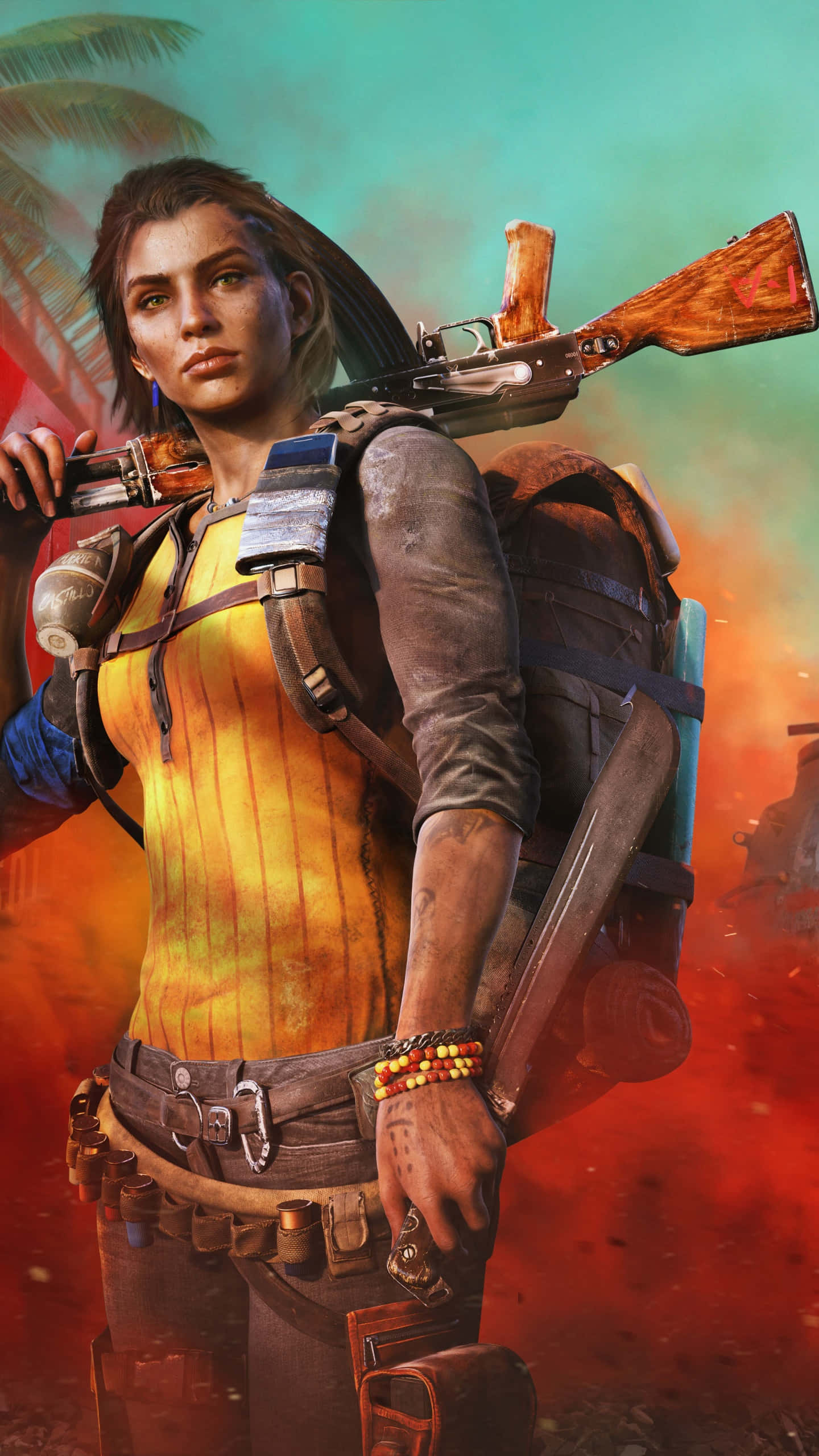 iPhone Xs Far Cry 3 桌布 壁紙 — 一名兇猛的女兵肩上掛著步槍，站在火熱的熱帶背景前，有棕櫚葉。