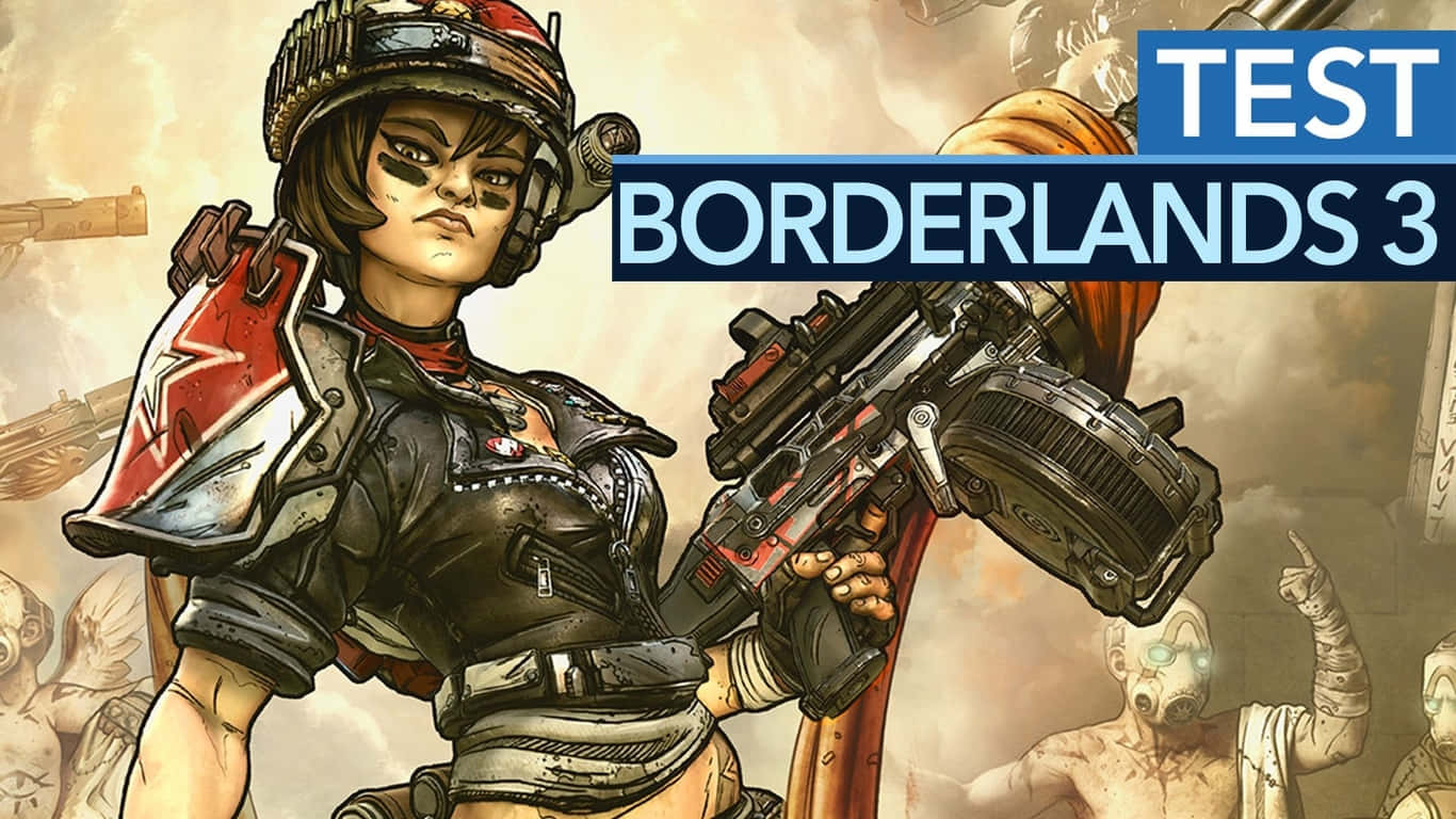 1366x768 Borderlands 3 桌布 壁紙 — 一名兇猛的女兵身穿戰鬥裝備，在戰火紛飛的混亂和怪誕人物背景下揮舞重型武器。