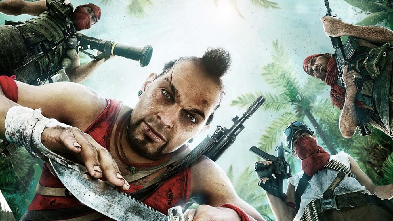 1366x768 Far Cry 3 桌布 壁紙 — 一名兇猛的戰士，留著莫霍克頭，手持砍刀，直視前方，而武裝傭兵在茂密的叢林中從兩側包圍他。