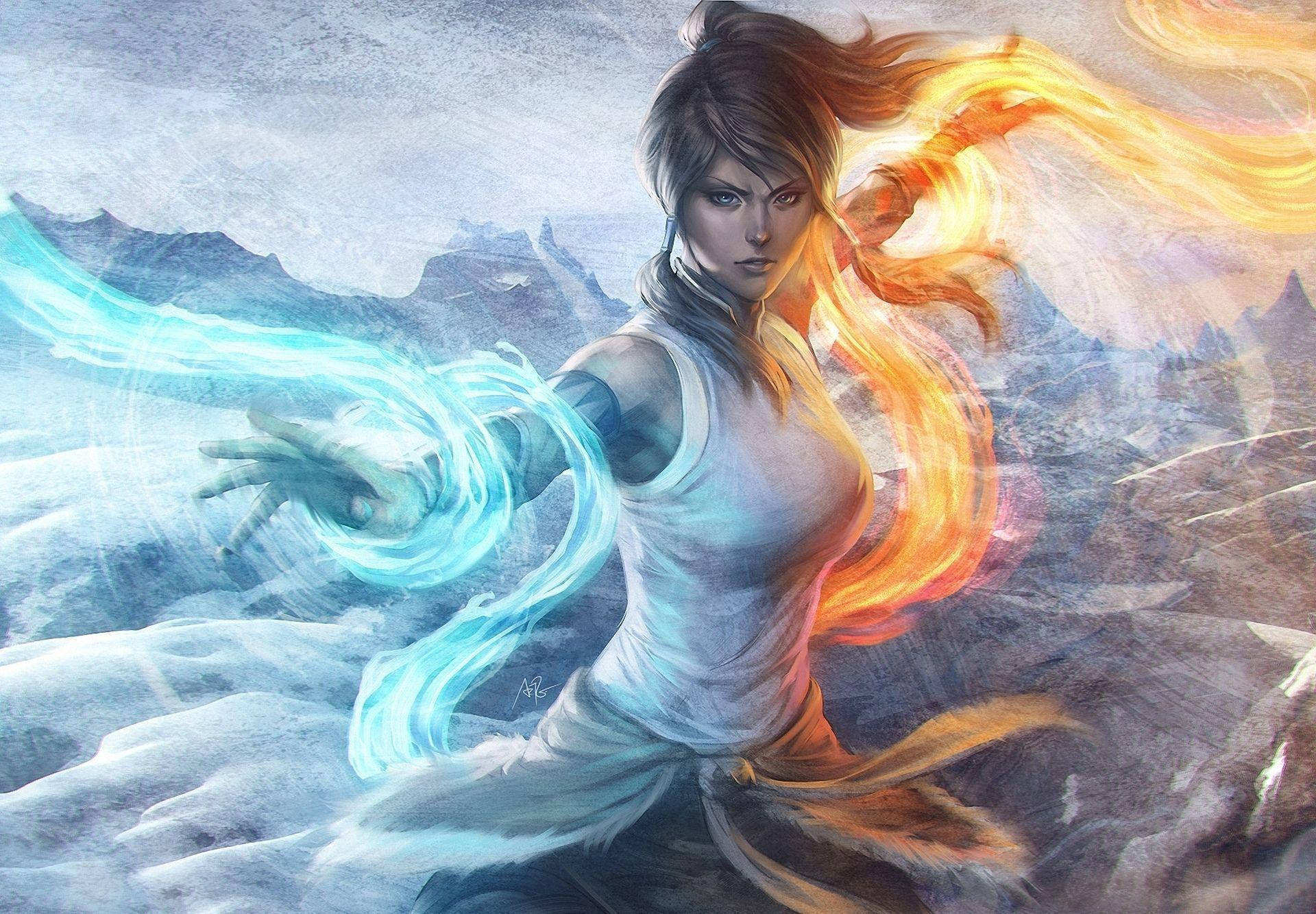 Korra 桌布 壁紙 — 一名兇猛的戰士在雪山背景下引導發光的藍色和橙色元素能量。