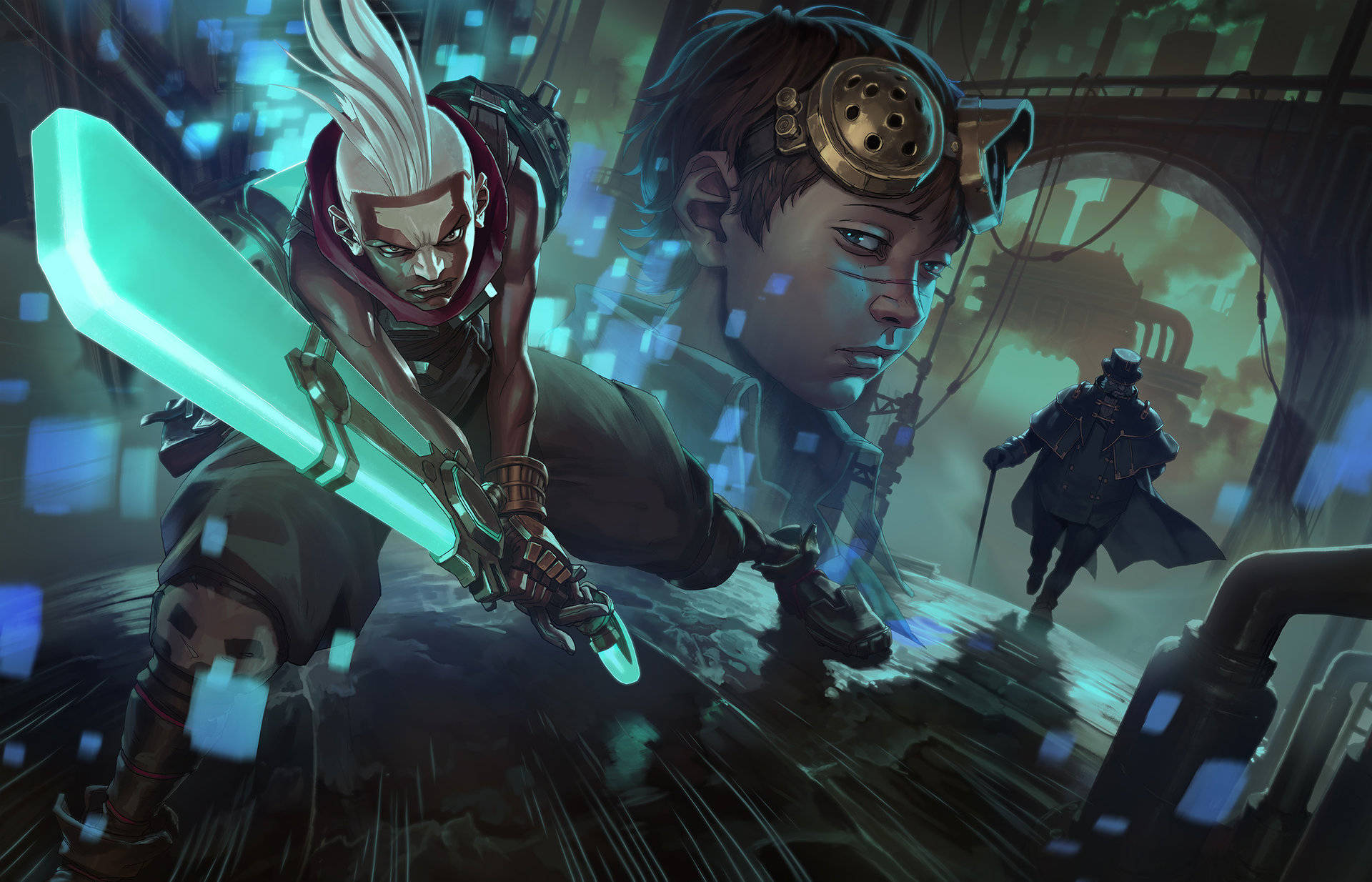 Legends 桌布 壁紙 — 一名兇猛的戰士手持發光劍，在雨夜霓虹燈照亮的 cyberpunk 小巷中衝鋒。