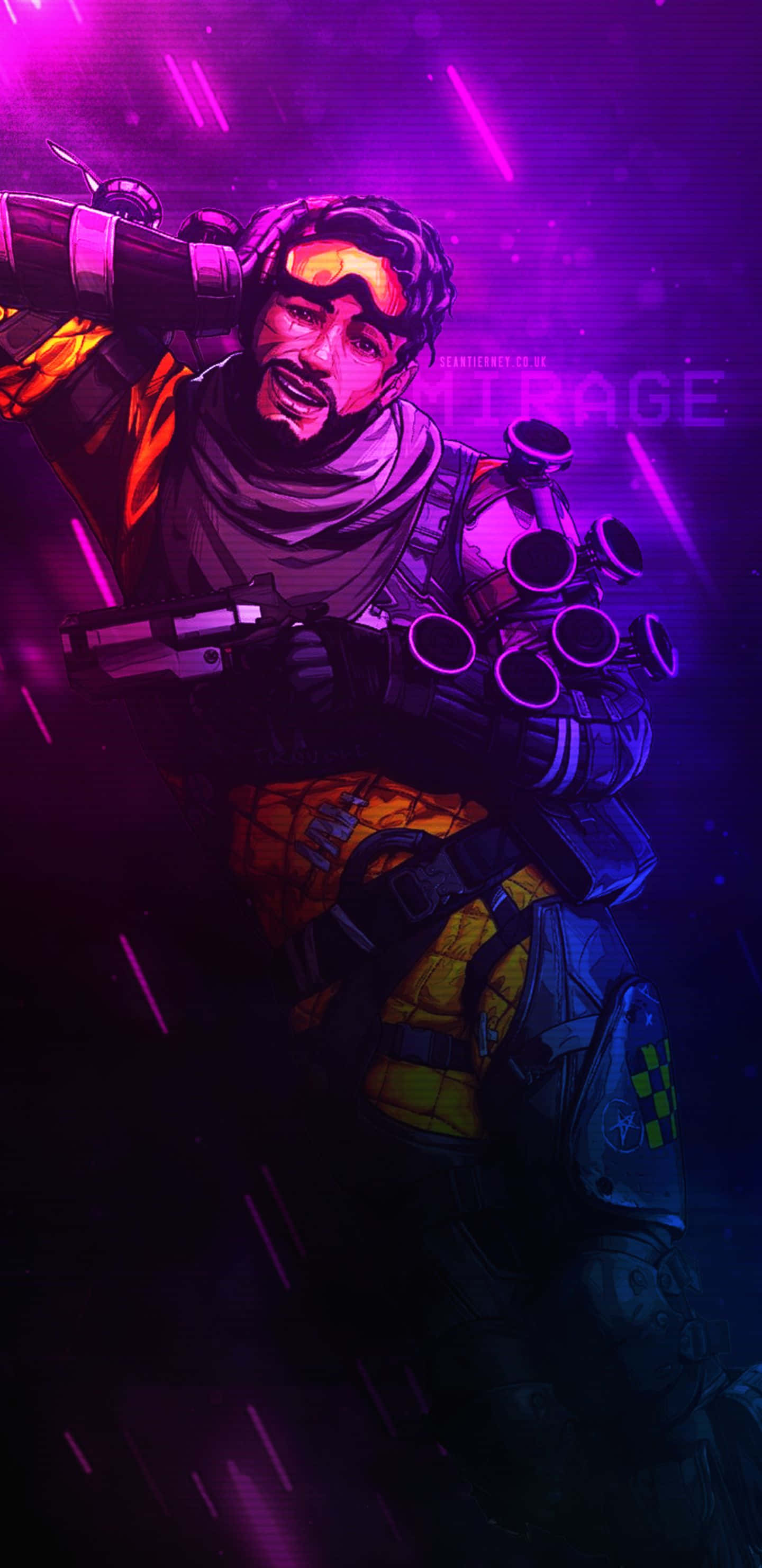 Pixel 3xl Apex Legends 桌布 壁紙 — 一名兇猛的戰士身穿未來盔甲，在霓虹紫色光線下揮舞著發光武器。