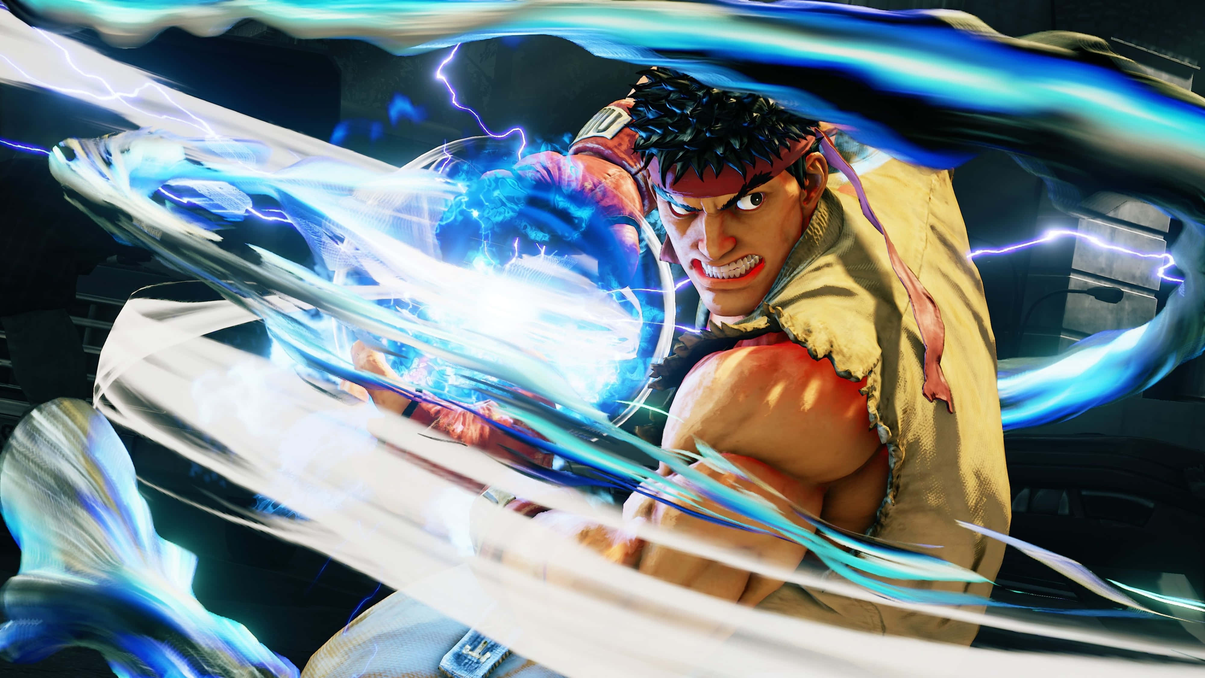 arcade 桌布 壁紙 — 一名兇猛的戰士釋放出發光的藍色能量爆炸，閃電在他緊握的拳頭周圍劈啪作響。
