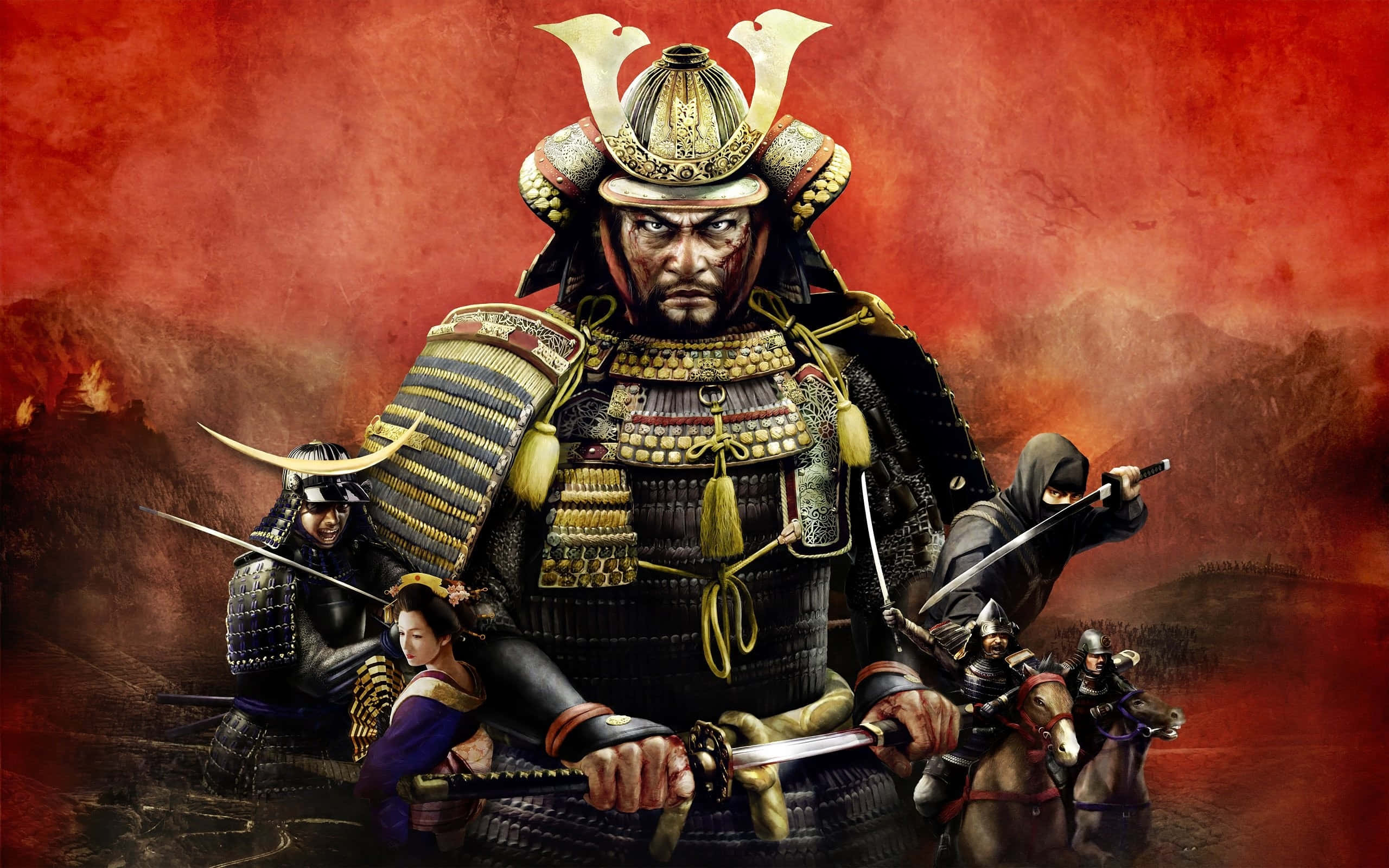 Samurai Armor 桌布 壁紙 — 一名兇猛的武士穿著華麗盔甲，拔劍立於中央，兩旁有武裝隨從，背景是火紅的戰場。