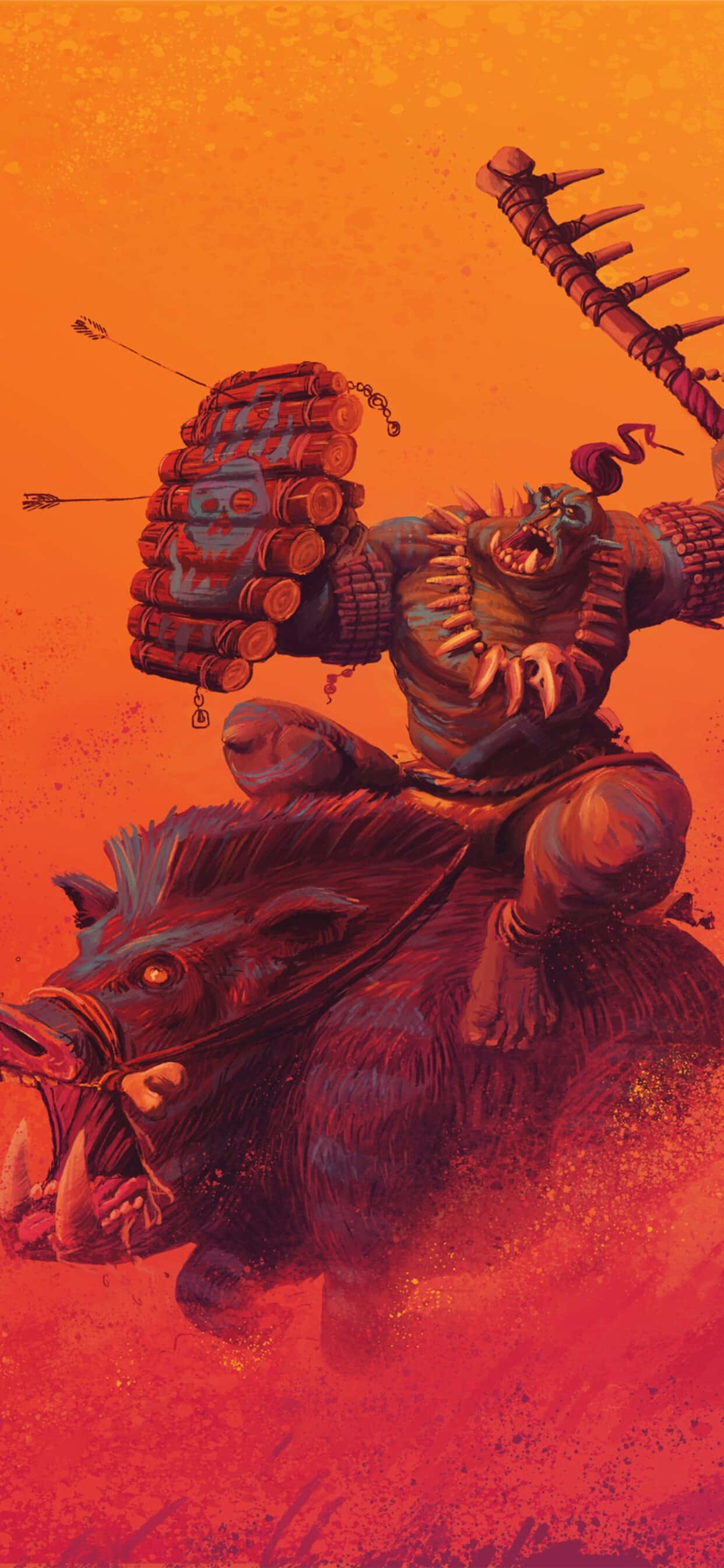iPhone Xs Max Total War Shogun 2 桌布 壁紙 — 一名兇猛的獸人戰士騎著一頭咆哮的野豬，穿過熾熱的橙色戰場，揮舞著帶刺的狼牙棒和桶鏈護手。