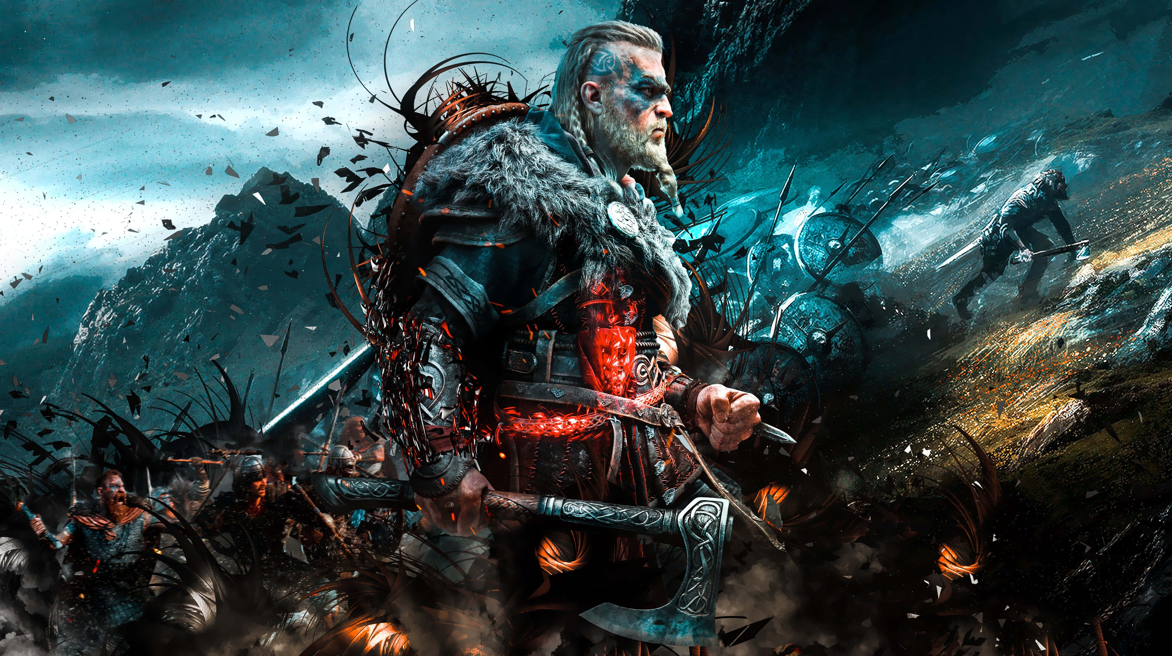 Ps5 Games 桌布 壁紙 — 一名兇猛的維京戰士，身穿發光的紅色盔甲和毛皮斗篷，在暴風雨天空下混亂黑暗的山地戰場上與敵人作戰。