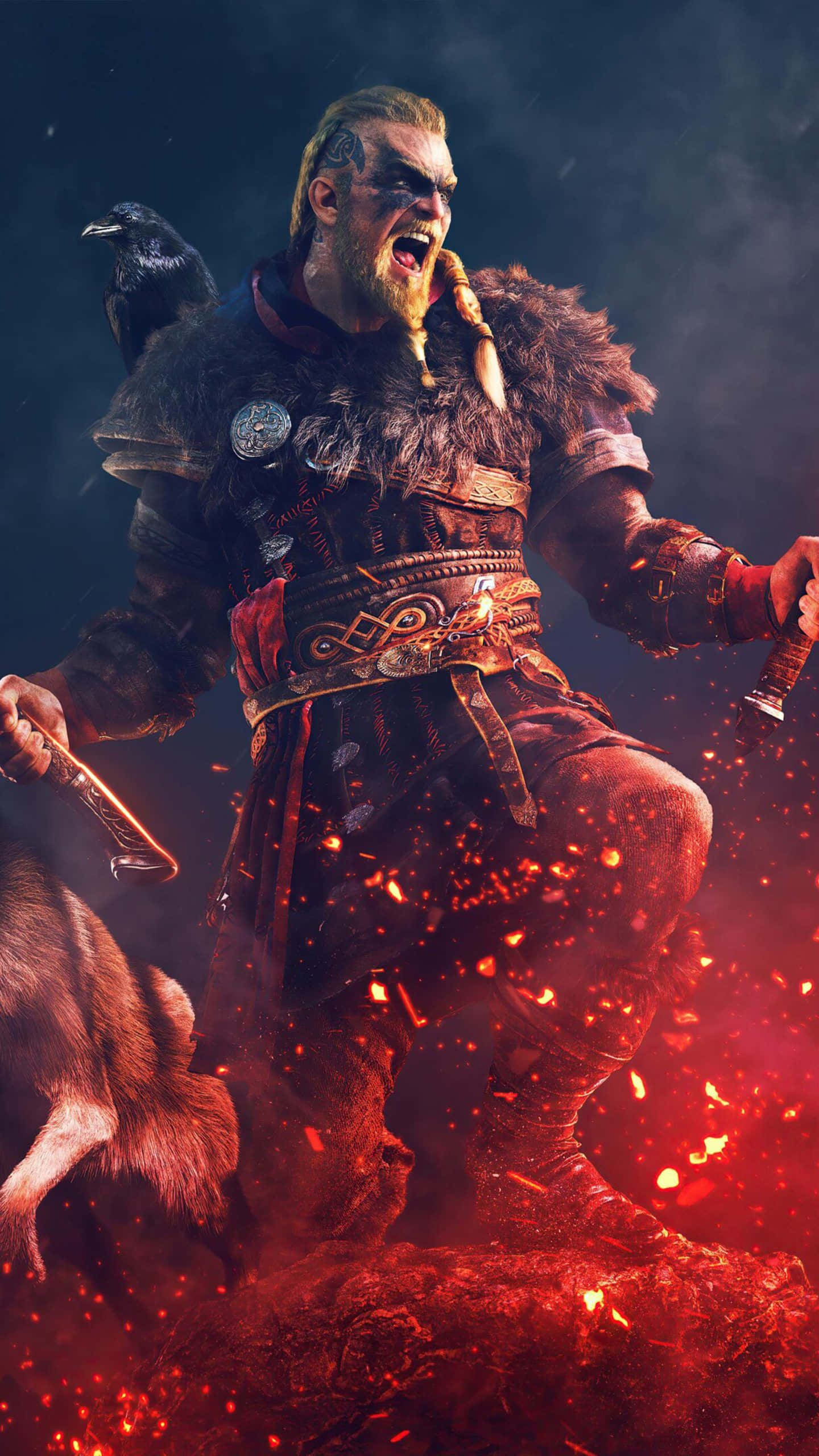 電玩遊戲 桌布 壁紙 — 一名兇猛的維京戰士站在發光的熔岩上咆哮，肩上棲息著一隻烏鴉，周圍火花四濺。