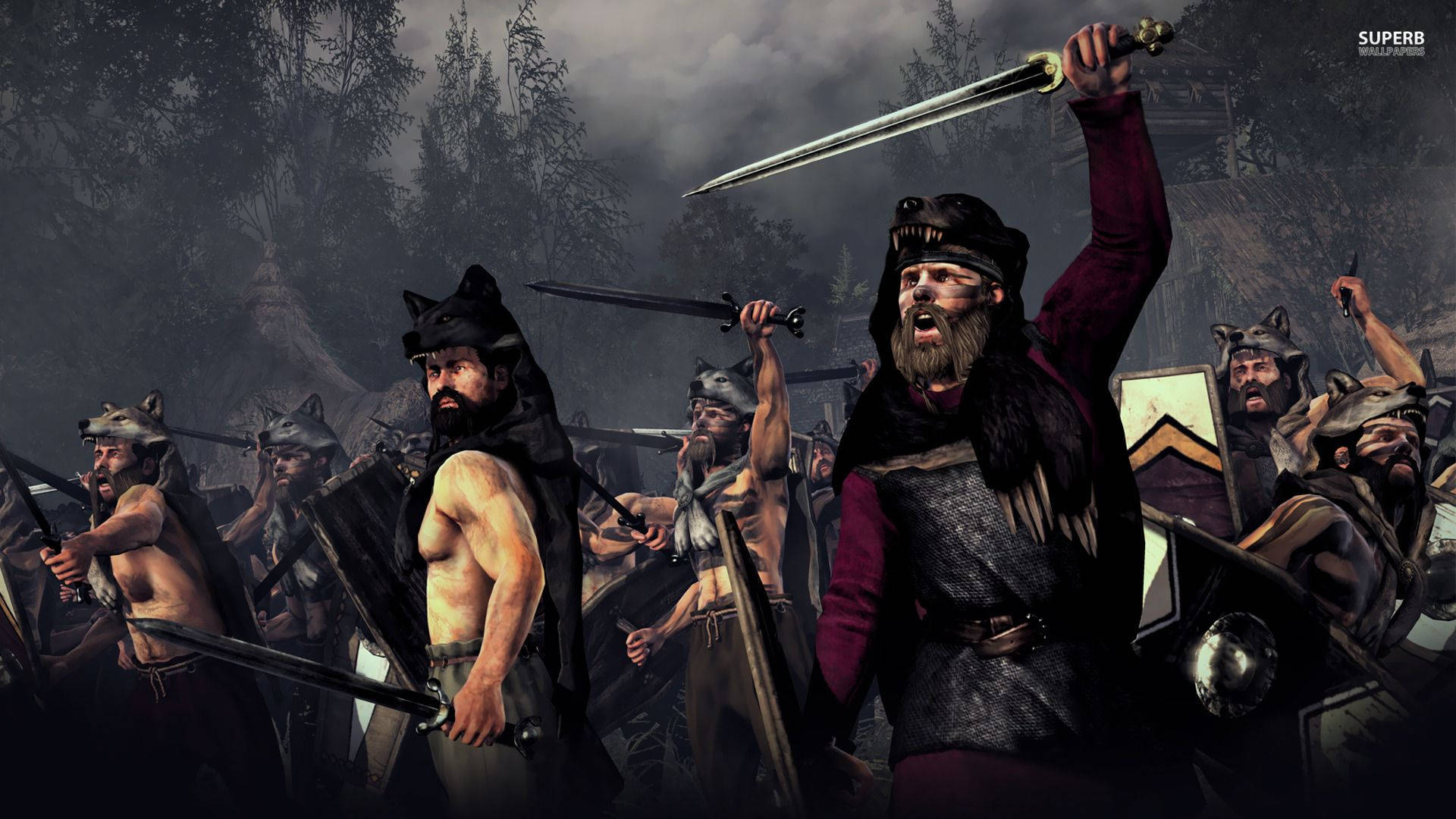 Total War Rome 2 桌布 壁紙 — 一名兇猛的維京戰士高舉寶劍，帶領他的部族在迷霧森林中衝鋒，盾牌和寶劍出鞘，發出戰鬥吶喊。