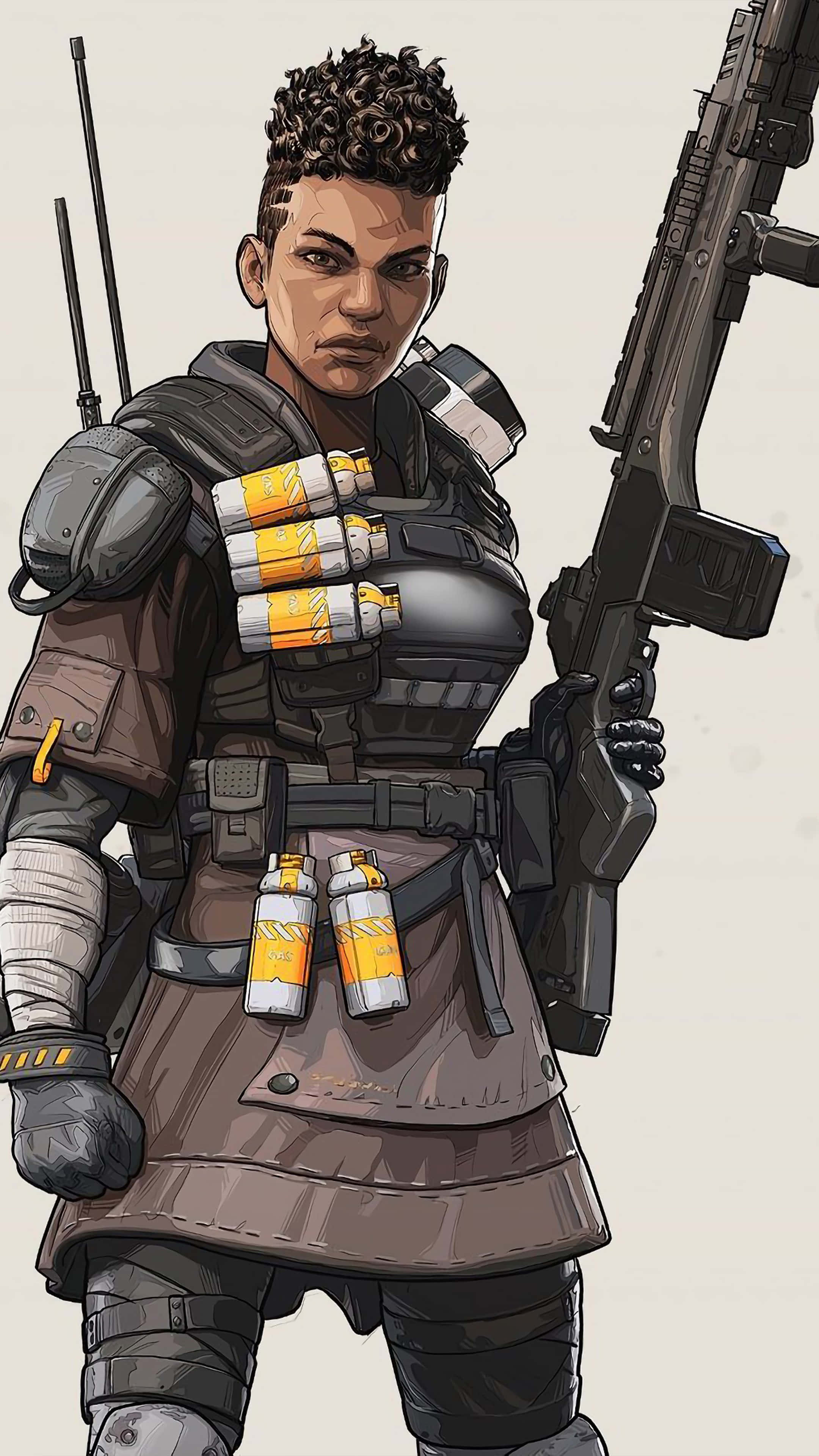Apex Legends Characters 桌布 壁紙 — 一名兇猛的裝甲士兵，捲髮，手持步槍和手榴彈，背景簡單。