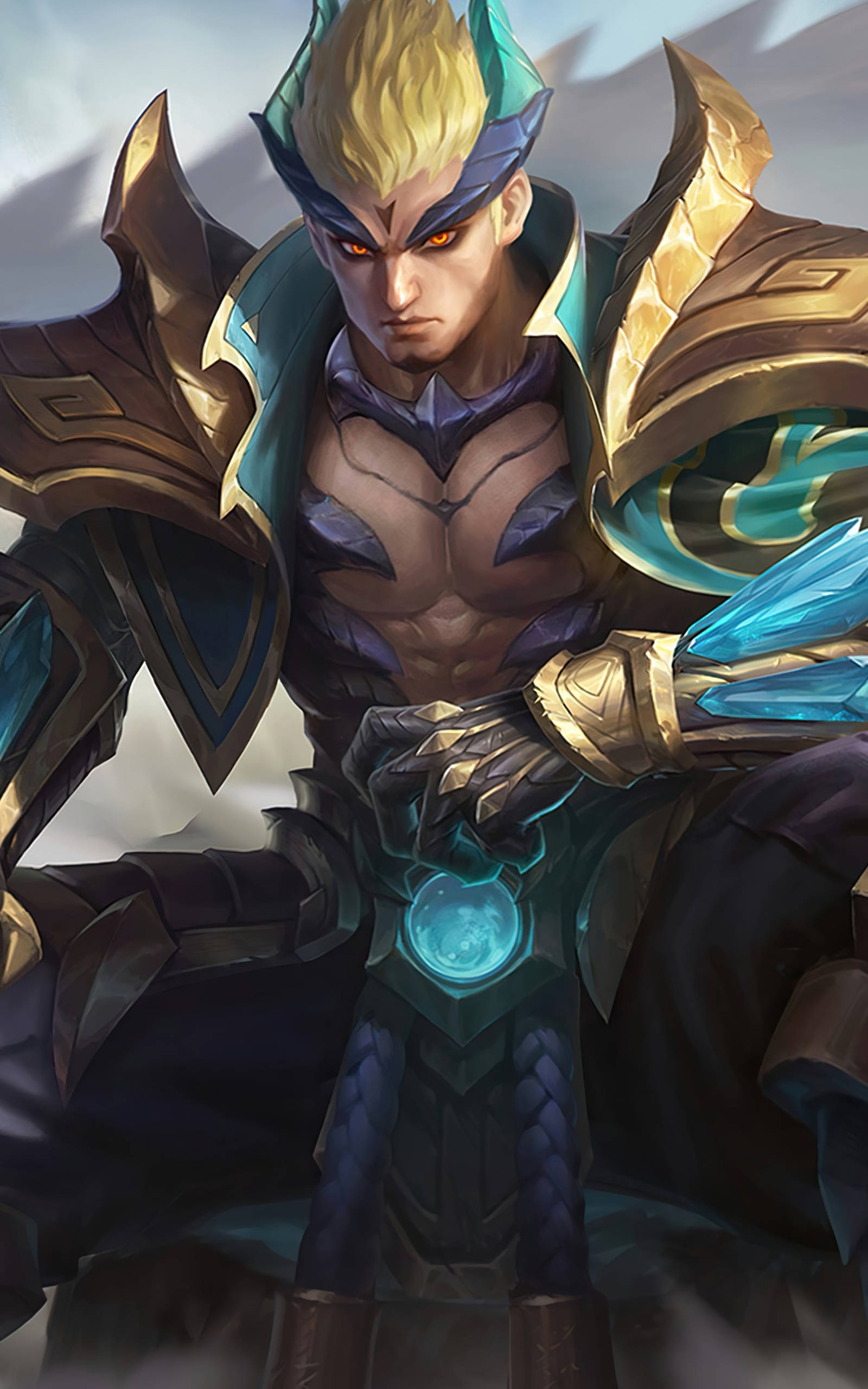 heroes 桌布 壁紙 — 一名兇猛的裝甲戰士，擁有發光的橙色眼睛和藍色能量武器，以霧氣瀰漫的戲劇性姿態站立。