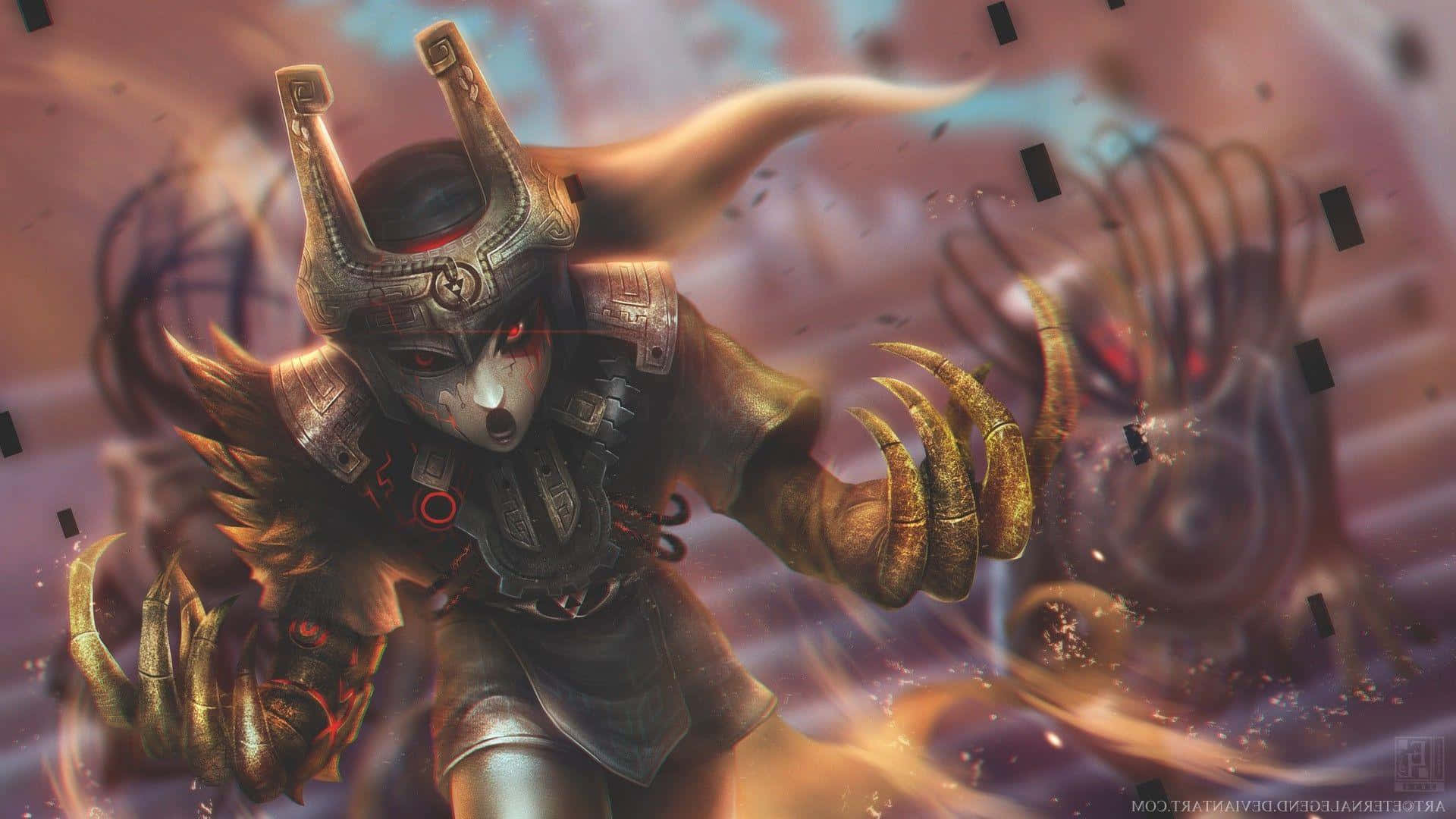 Legend Of Zelda Twilight Princess 桌布 壁紙 — 一名兇猛的裝甲戰士，擁有發光的紅色眼睛和利爪般的手，向陰影般的敵人釋放出旋轉的黑暗能量攻擊。