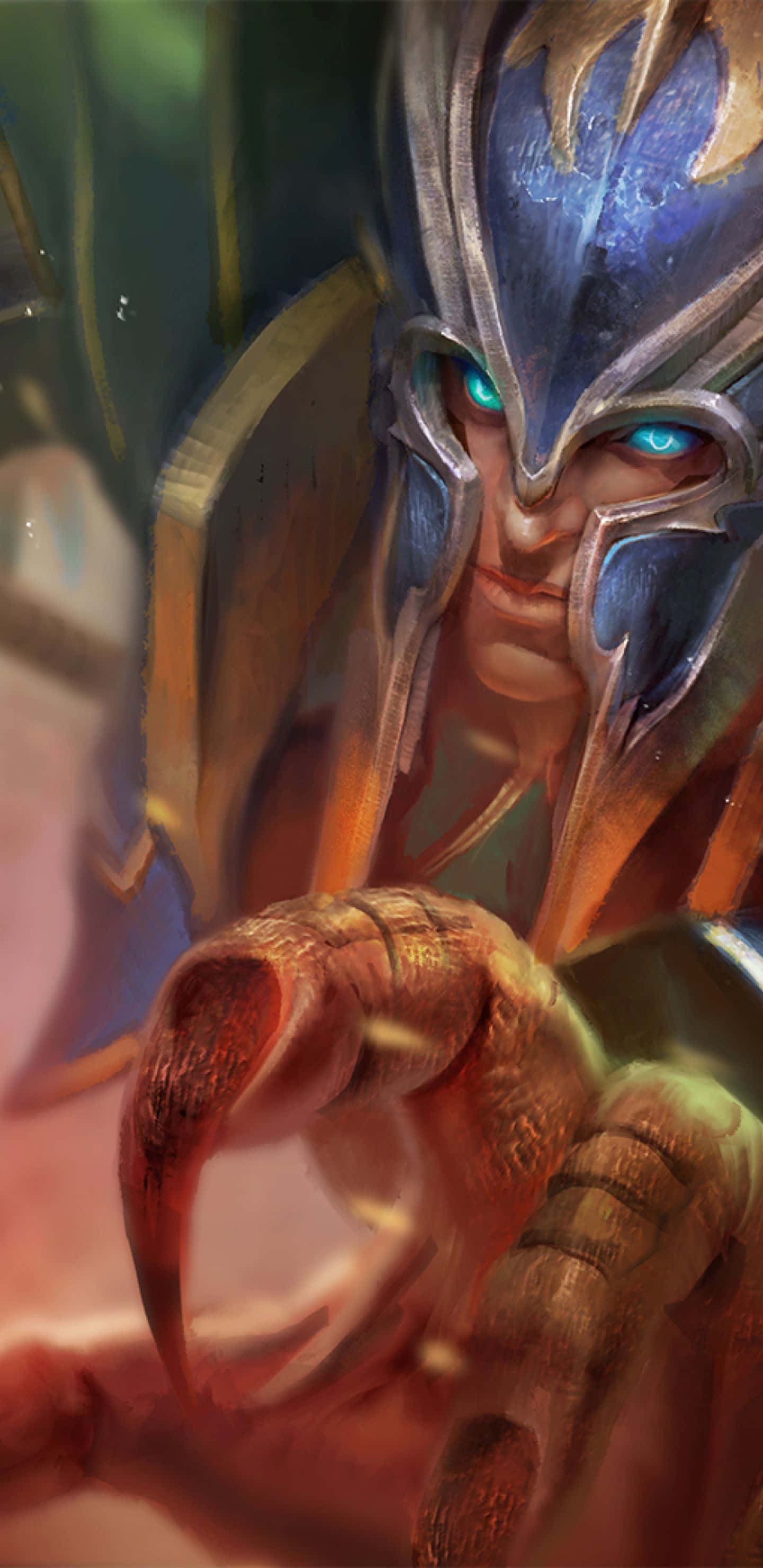 Pixel 3xl Dota 2 桌布 壁紙 — 一名兇猛的裝甲戰士，擁有發光的藍色眼睛和帶刺的頭盔，在戲劇性的特寫中緊握武器。