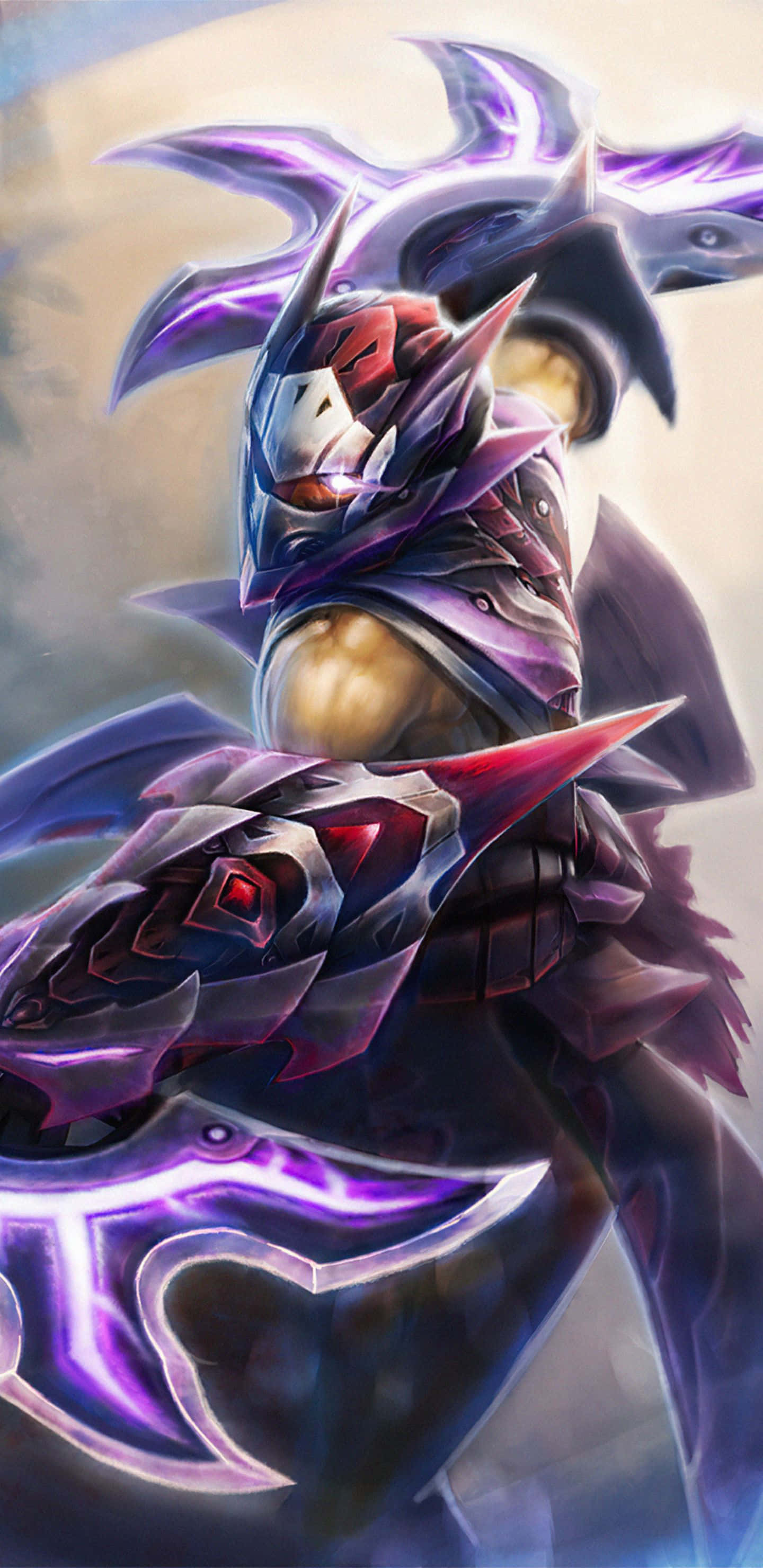 Pixel 3xl Dota 2 桌布 壁紙 — 一名兇猛的裝甲戰士，身穿發光的紫色和紅色盔甲，在陰雲密布的天空下揮舞著一把巨大的發光斧頭。