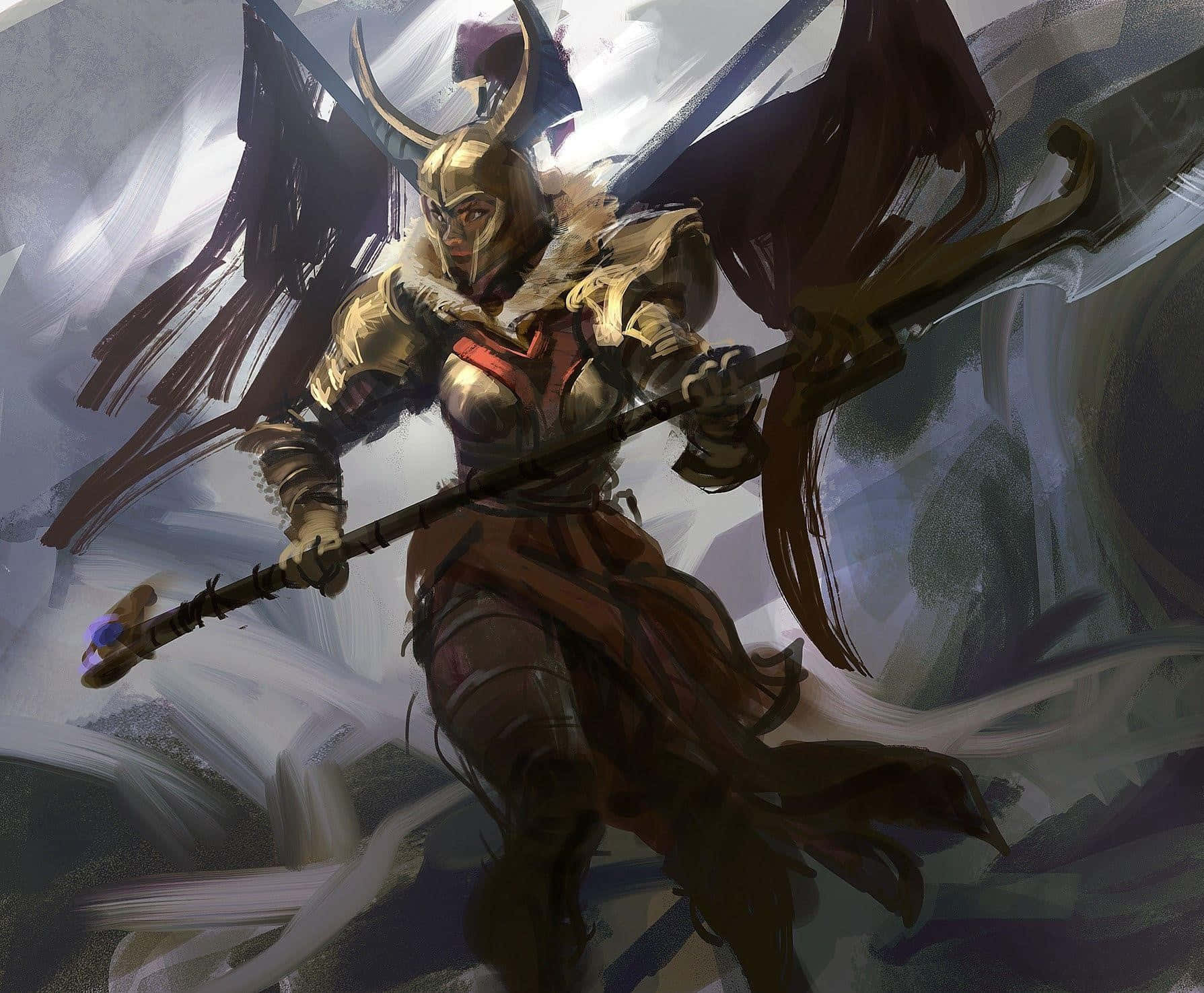 Legion Commander 桌布 壁紙 — 一名兇猛的裝甲戰士，頭戴角盔，身披飄逸斗篷，在暴風雨背景下揮舞著發光的法杖。