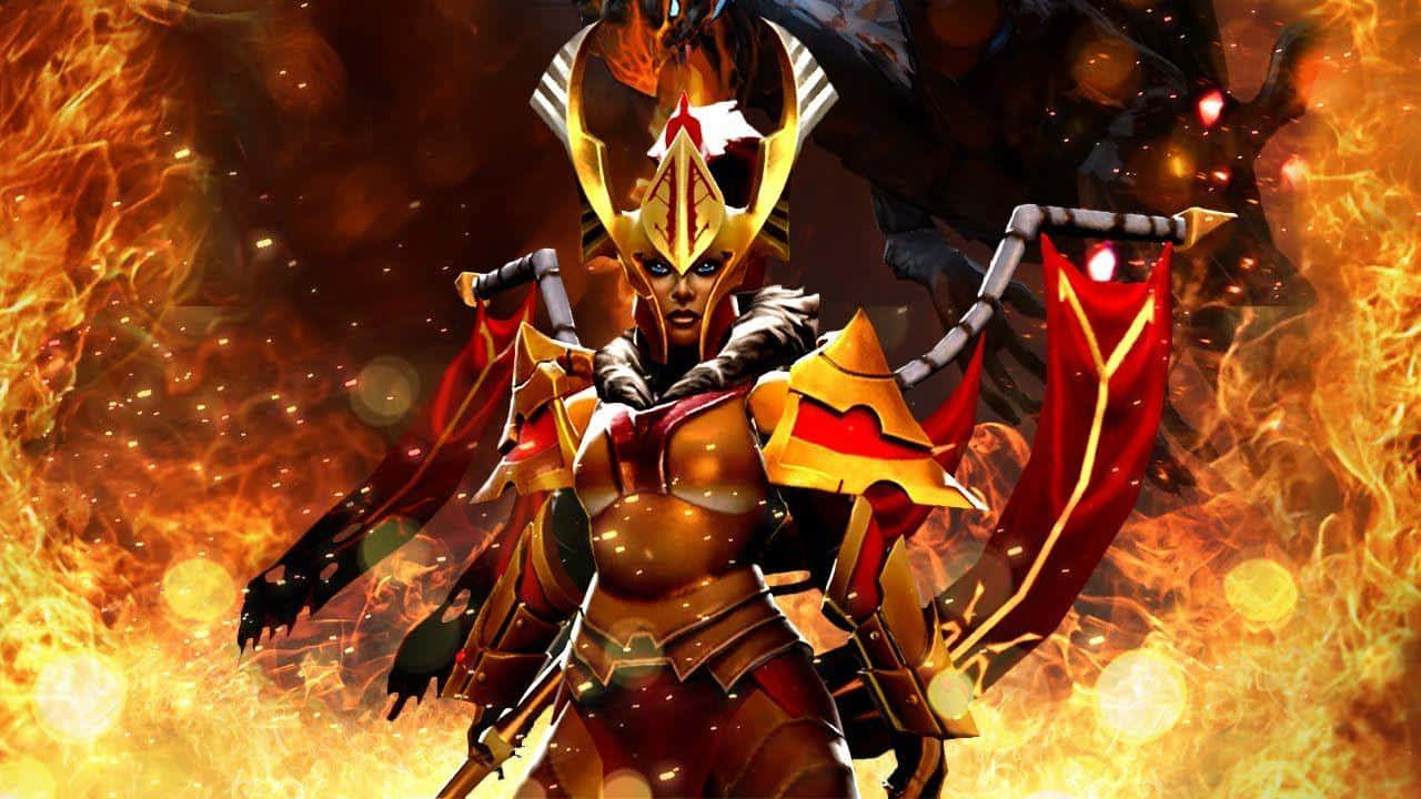Legion Commander 桌布 壁紙 — 一名兇猛的裝甲戰士，頭戴金色頭盔，身披紅色披風，在咆哮的火焰和熾熱的餘燼中挑釁地站立。