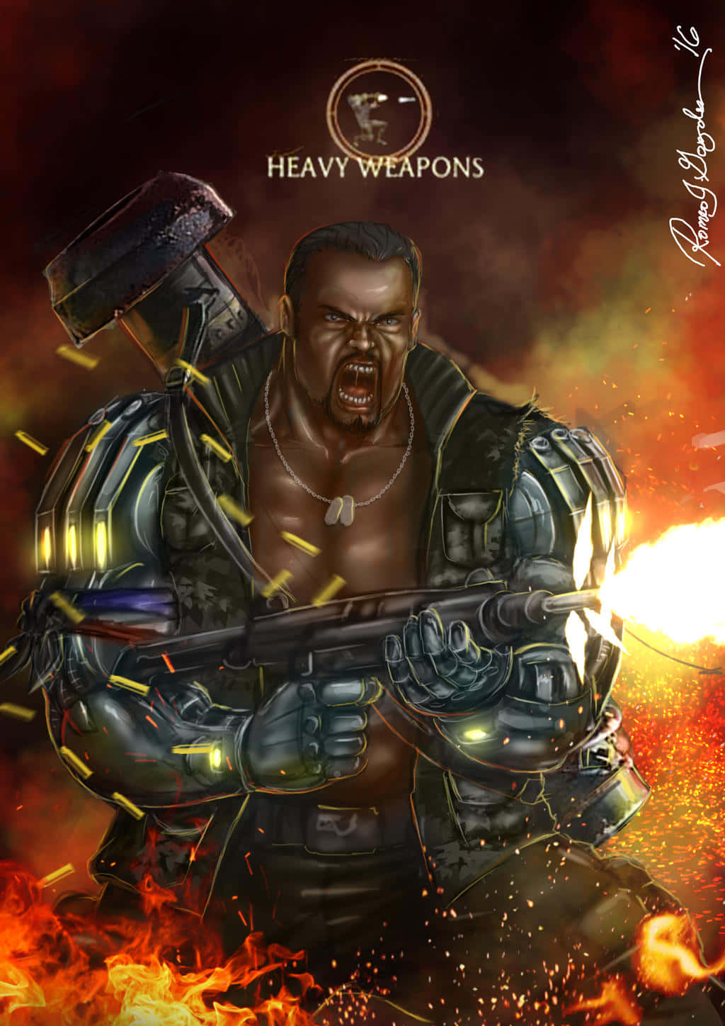 Mortal Kombat Jax 桌布 壁紙 — 一名兇猛的裝甲戰士在爆炸性的火焰和火花中咆哮著發射重型武器。