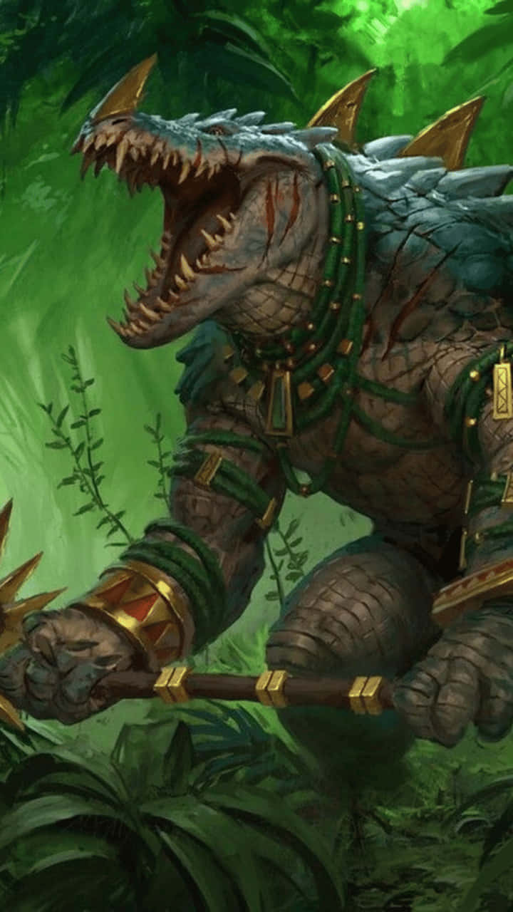 Android Total War Warhammer Ii 桌布 壁紙 — 一名兇猛的裝甲鱷魚戰士在茂密的綠色叢林中咆哮，揮舞著帶刺的狼牙棒。