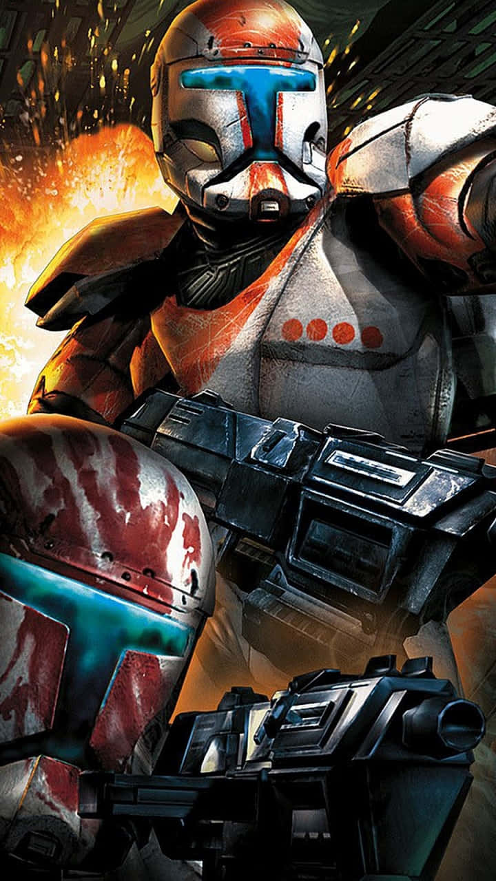 Republic Commando 桌布 壁紙 — 一名兇猛的複製人戰士身穿紅白裝甲，在熾熱爆炸中手持爆能步槍。