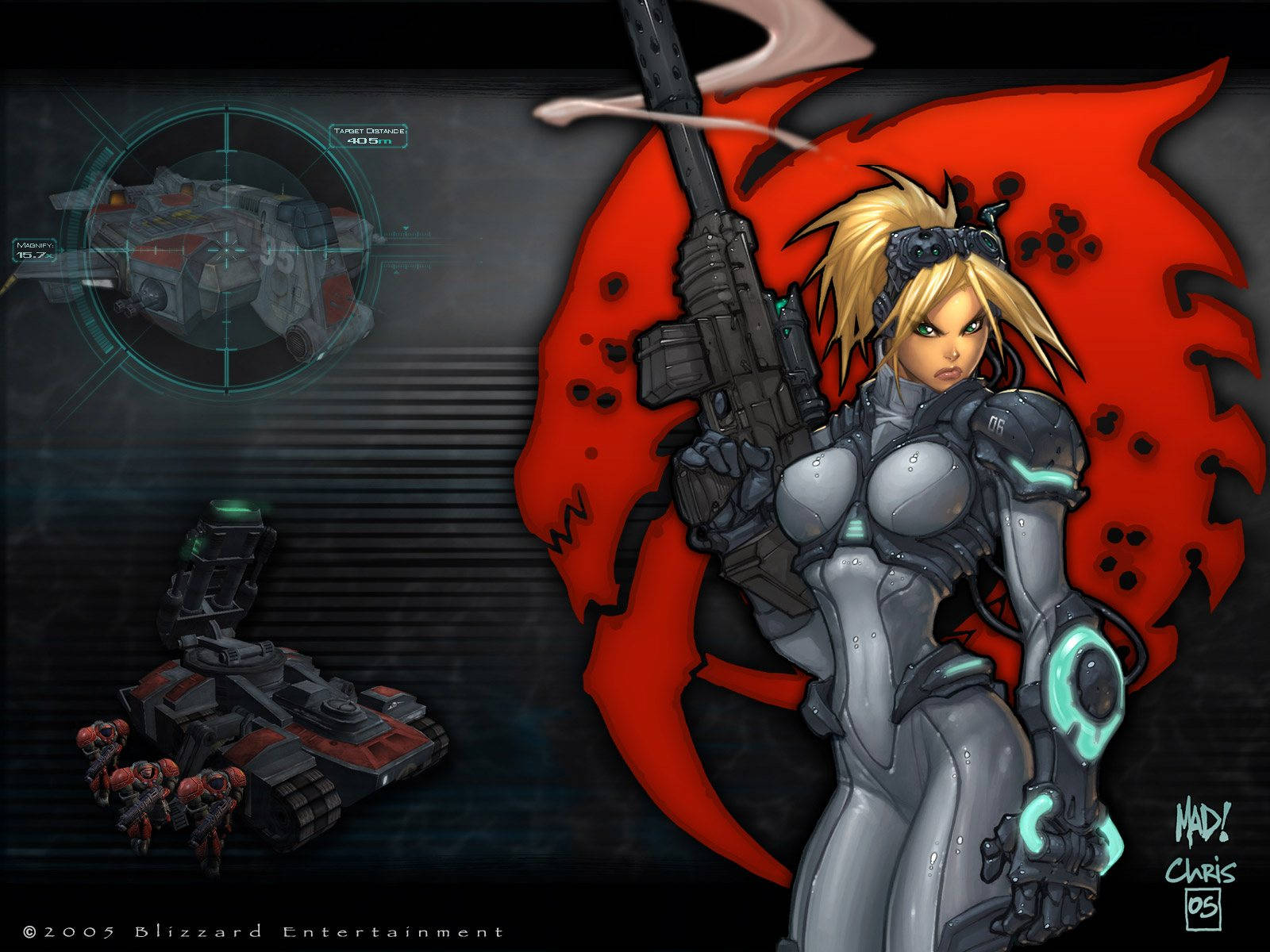 Starcraft 2 桌布 壁紙 — 一名兇猛的金髮女戰士身穿銀色盔甲，在紅色飛濺背景、未來戰鬥HUD和機器人單位的襯托下揮舞步槍。