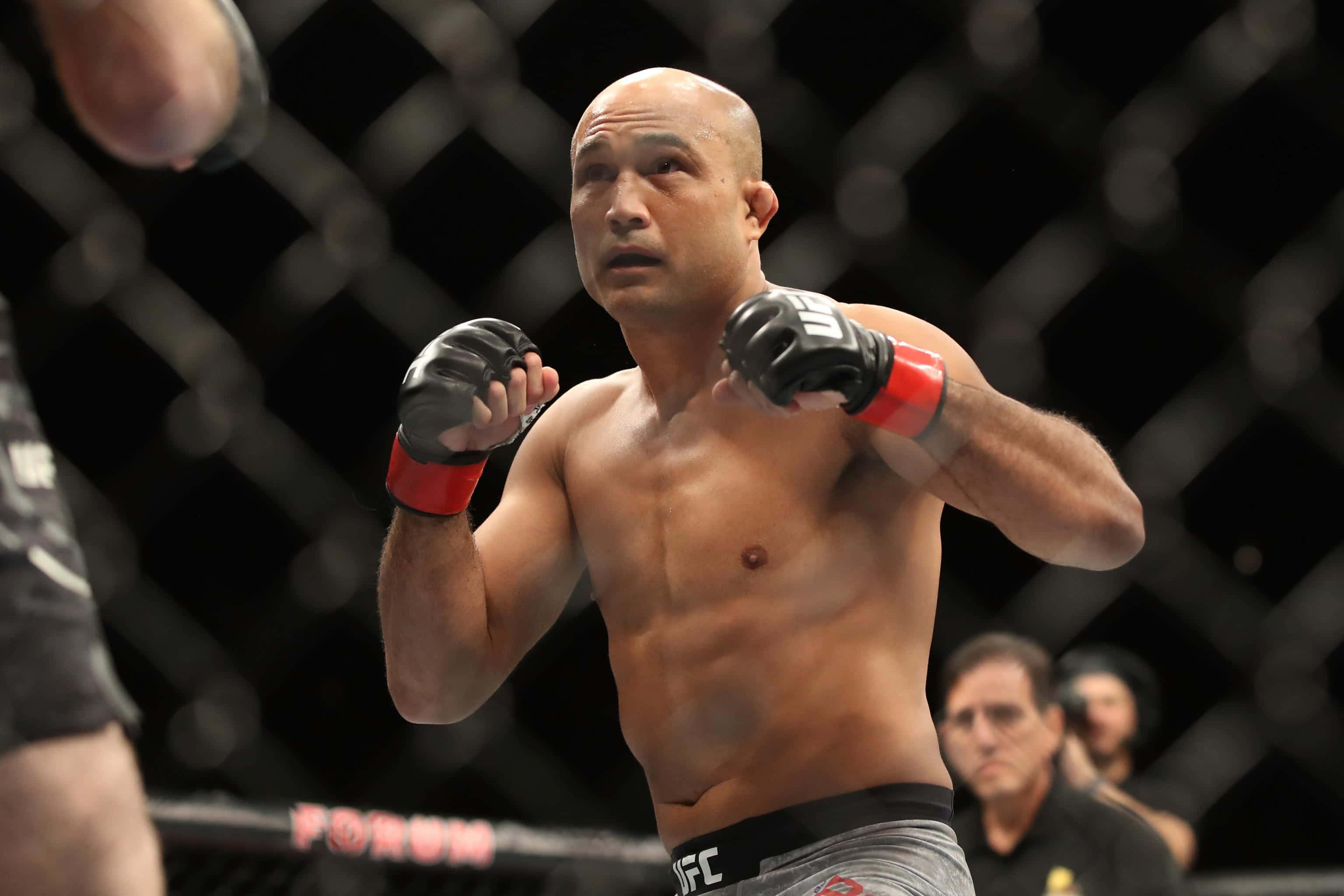 MMA 桌布 壁紙 — 一名光頭UFC拳擊手戴著黑色手套和灰色短褲，在八角籠內保持警覺，進行綜合格鬥比賽。