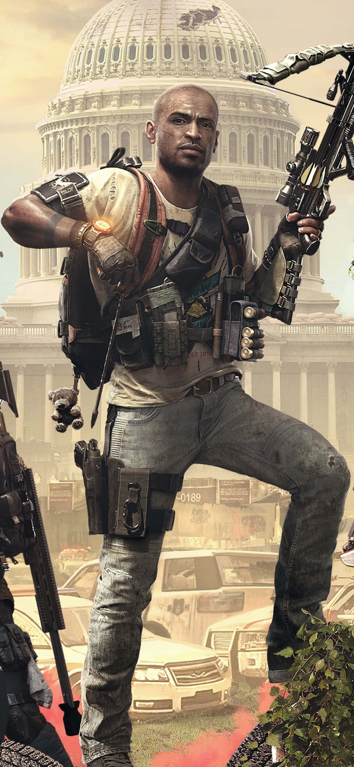 iPhone Xs Max The Division 桌布 壁紙 — 一名光頭士兵身穿戰術裝備，手持十字弓，背景是美國國會大廈，城市場景混亂。