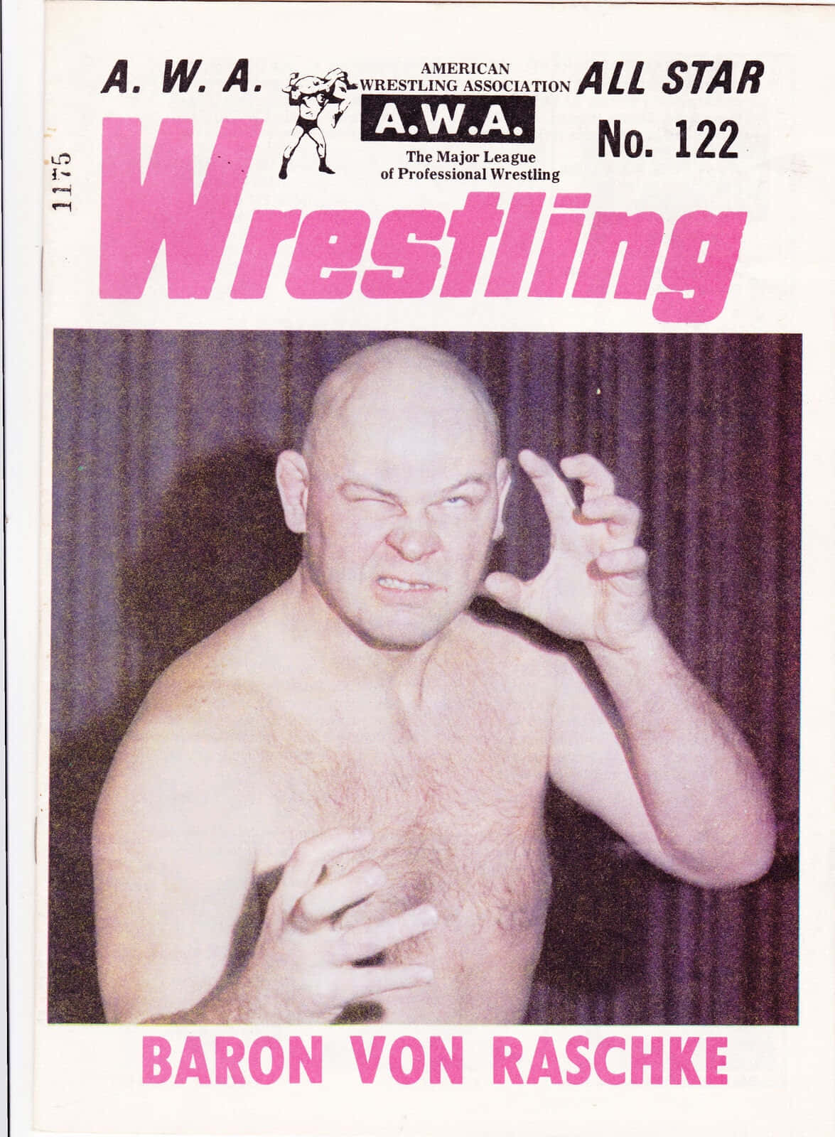 摔角 桌布 壁紙 — 一名光頭摔角手帶著兇猛表情、高舉雙手，在AWA Wrestling雜誌封面上咧嘴而笑。