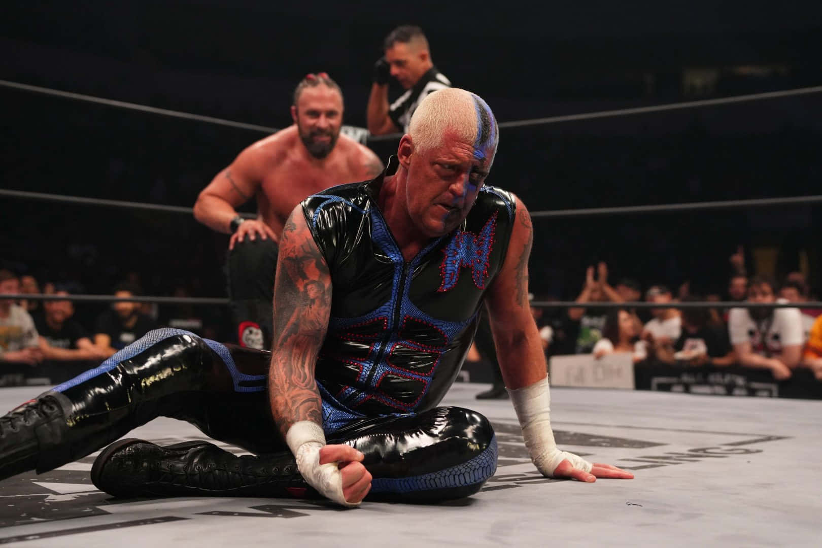 WWE 桌布 壁紙 — 一名光頭摔角選手身穿黑色和藍色服裝，在摔角場的墊子上跪下，觀眾在觀看。