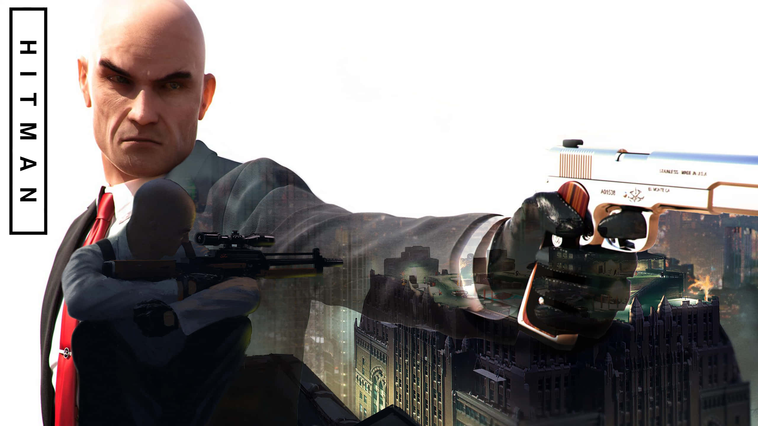 Hitman Absolution 桌布 壁紙 — 一名光頭殺手身穿西裝，在城市景觀上瞄準兩把槍，可見Hitman標誌。
