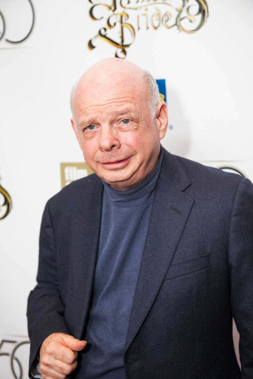 Wallace Shawn 桌布 壁紙 — 一名光頭男子身穿深色西裝和藍色高領毛衣，在帶有金色字樣的白色活動背景前對著鏡頭微微一笑。