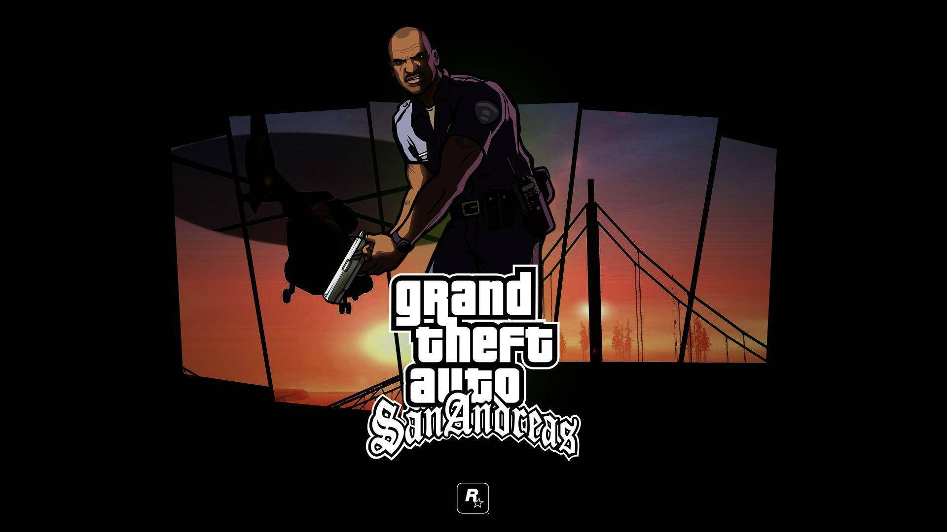 GTA 聖安地列斯 桌布 壁紙 — 一名光頭警察穿著深色制服，在日落背景下瞄準手槍，背景有橋樑剪影和Grand Theft Auto San Andreas標誌。