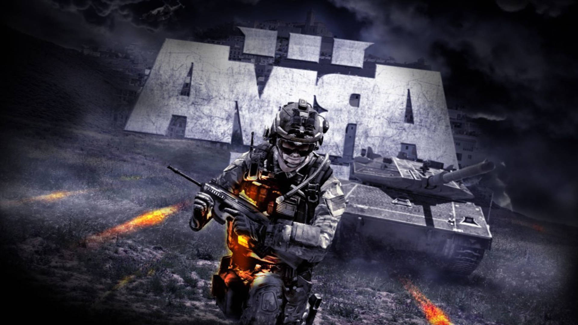 arma 桌布 壁紙 — 一名全副戰鬥裝備的士兵手持步槍準備就緒，在一個巨大的發光 'ARM' 標誌下，火熱的軌跡劃過黑暗的戰場。