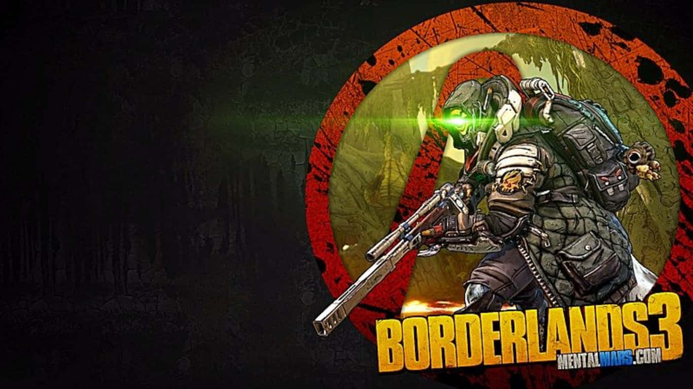 1366x768 Borderlands 3 桌布 壁紙 — 一名全副武裝、戴著面具、眼睛發出綠光的士兵，在紅色圓形框架內，以黑暗森林為背景，瞄準步槍。