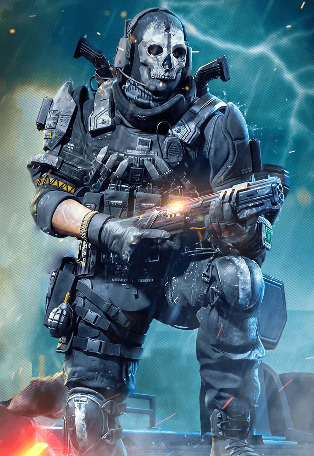Cod Mobile Character Skins 桌布 壁紙 — 一名全副武裝、戴著骷髏面具和戰術裝備的士兵，在風暴般的青綠色戰場上發射發光武器。
