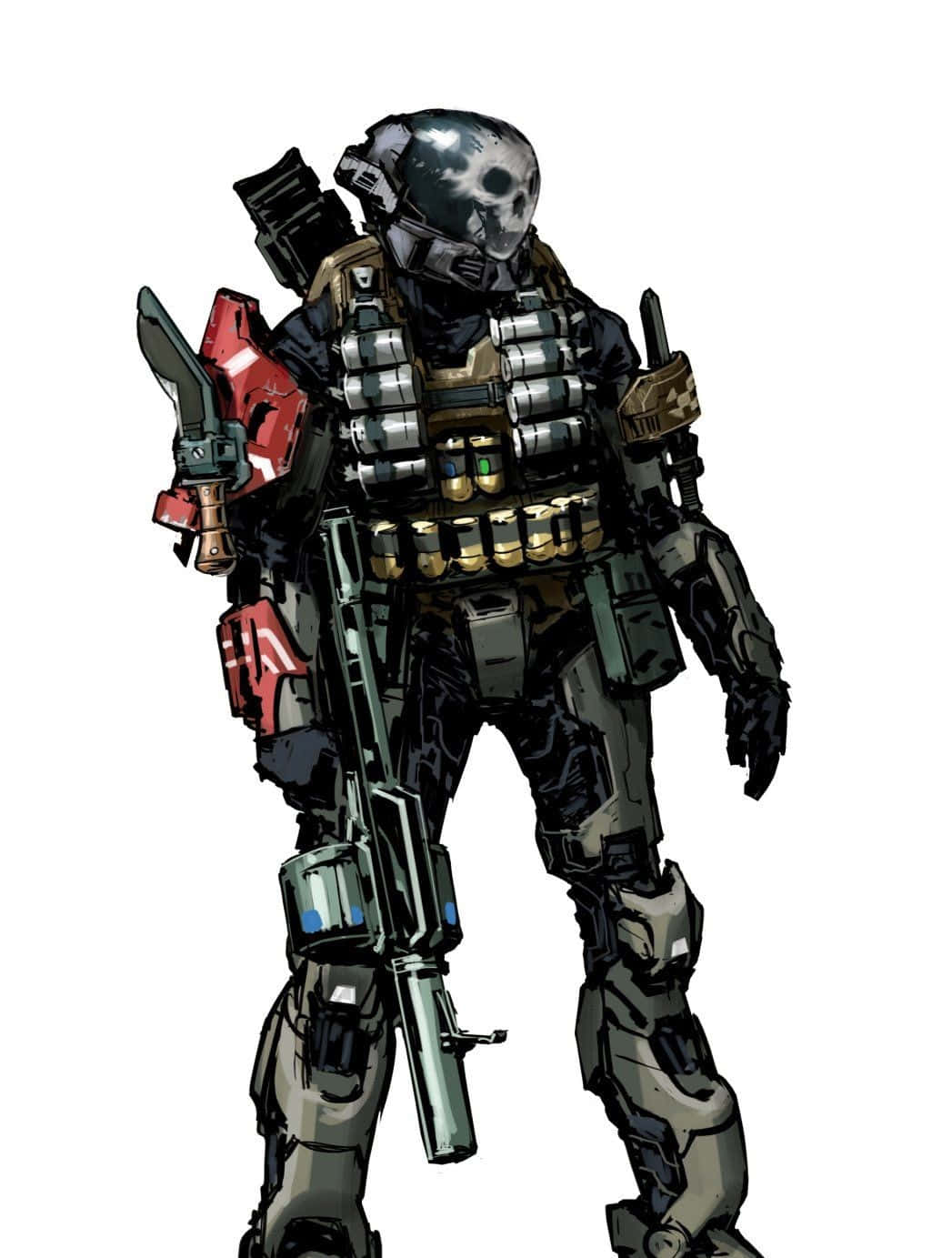 Halo Emile 桌布 壁紙 — 一名全副武裝的士兵，身穿戰術裝備，戴著骷髏頭盔，手持紅色武器，站在白色背景前。