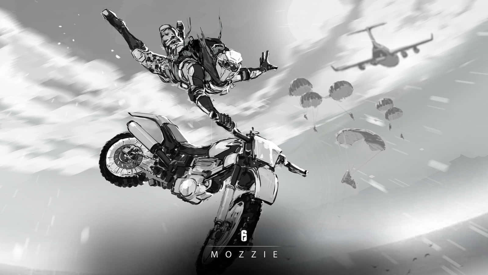 Rainbow Six Siege Mozzie 桌布 壁紙 — 一名全副武裝的士兵在半空中從摩托車上跳下，背後有降落傘和飛機下降。