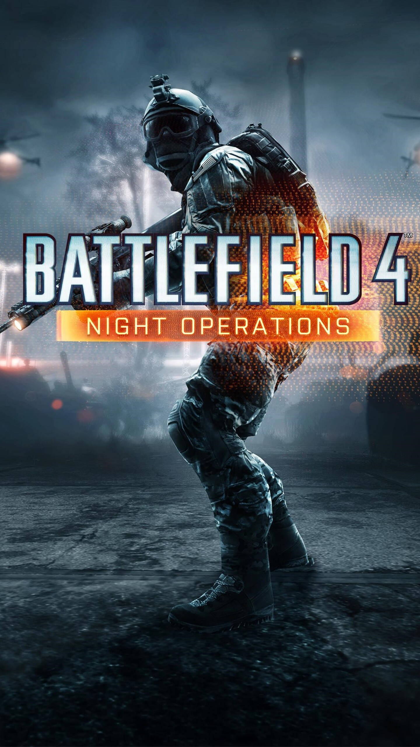 game 桌布 壁紙 — 一名全副武裝的士兵在夜間穿越煙霧瀰漫的戰場，背景有直升機和爆炸。
