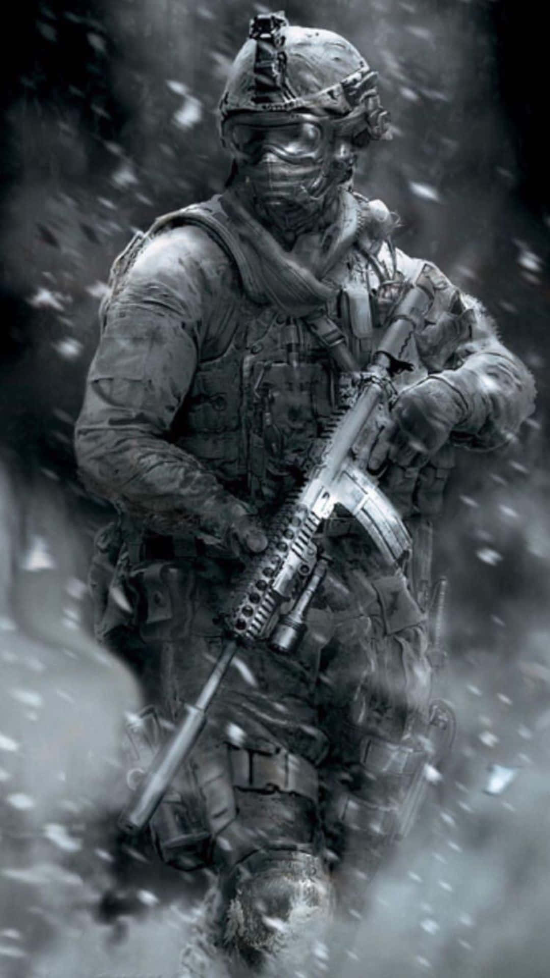 Call Of Duty Mobile 桌布 壁紙 — 一名全副武裝的士兵在暴風雪中堅定地站立，手持步槍，雪花在他周圍旋轉。