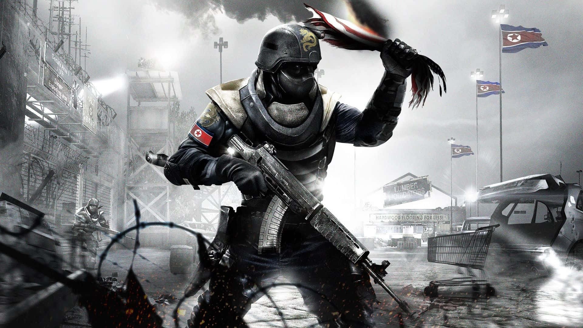 poster 桌布 壁紙 — 一名全副武裝的士兵在煙霧和瓦礫遍佈的戰亂城市戰場上揮舞步槍和燃燒的旗幟。