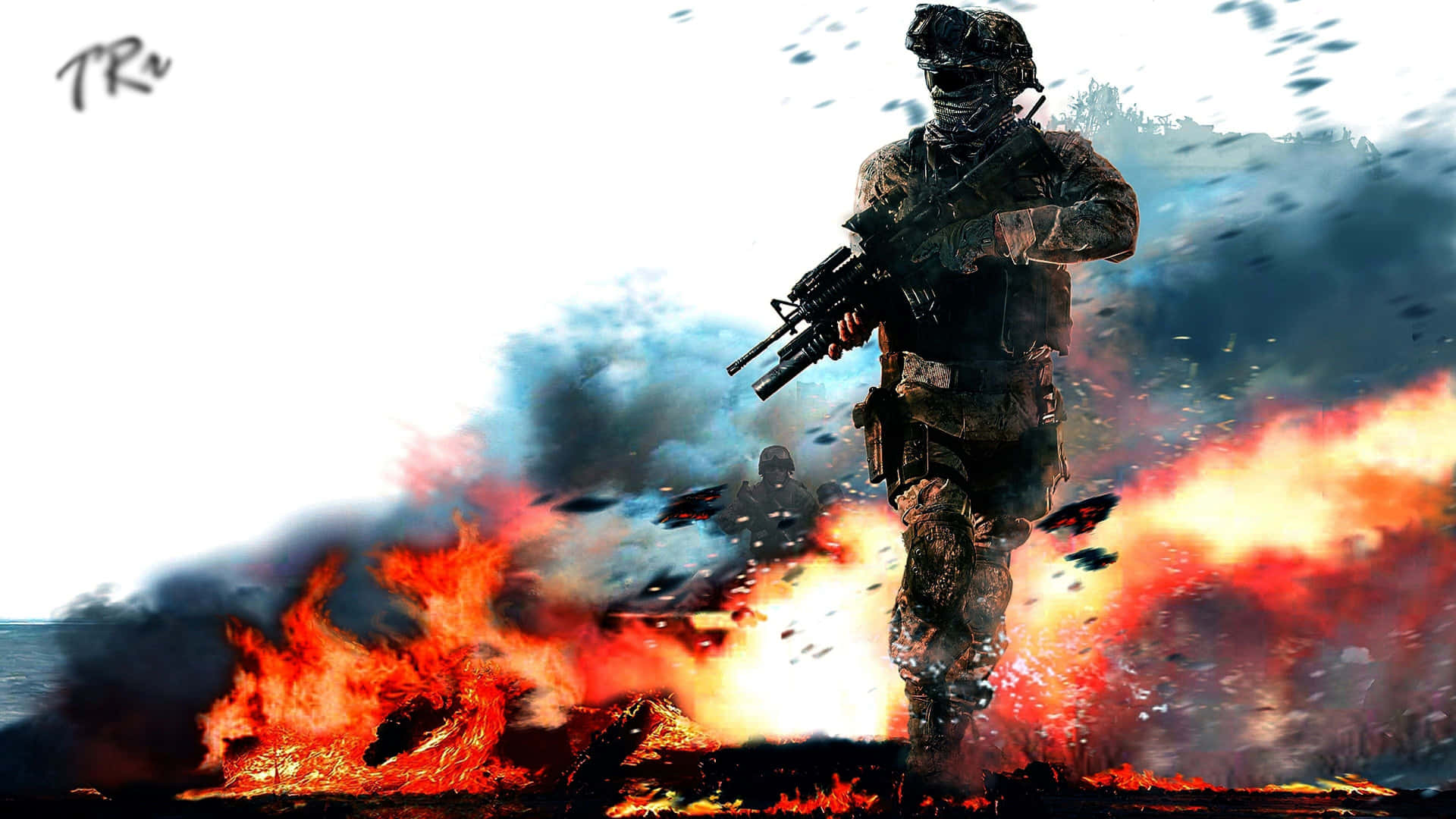 games 桌布 壁紙 — 一名全副武裝的士兵在煙霧和碎片翻騰的猛烈爆炸中大步前行。