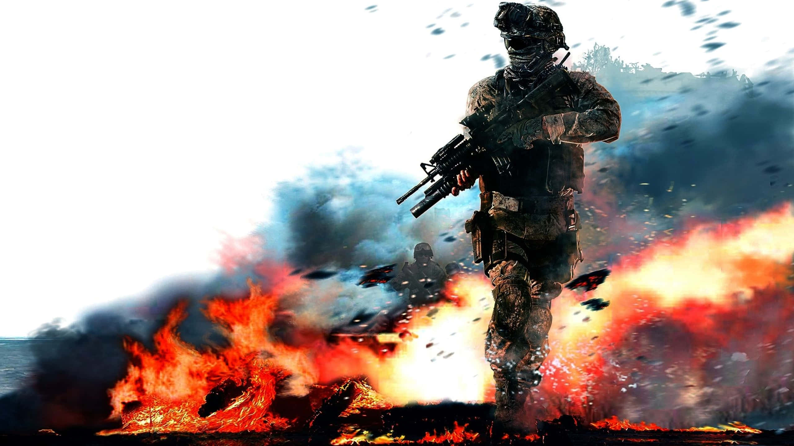 soldier 桌布 壁紙 — 一名全副武裝的士兵在熾熱的爆炸和滾滾濃煙中大步前行，背景為純白色。