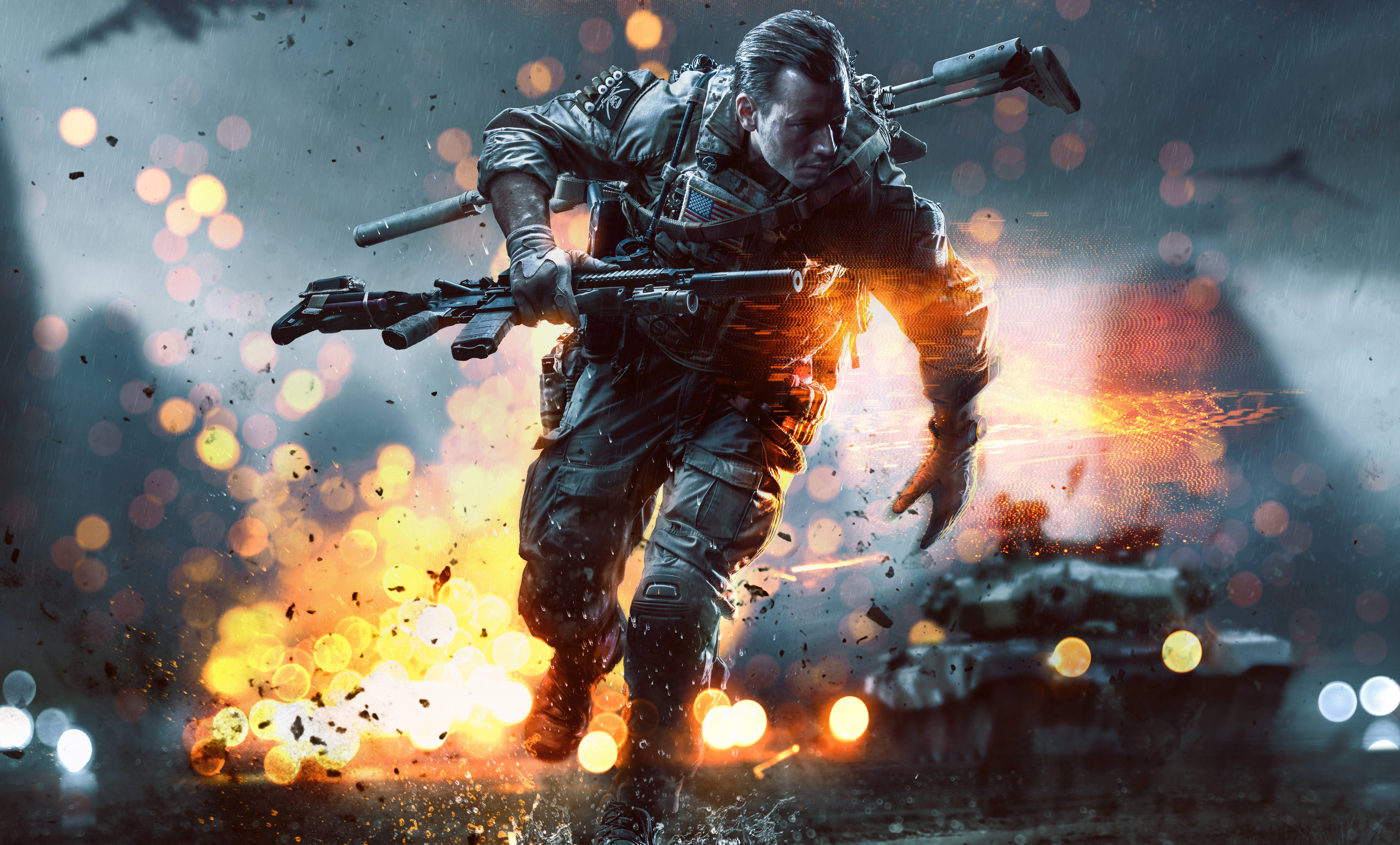 Battlefield 4 桌布 壁紙 — 一名全副武裝的士兵在燃燒的戰場上奔跑，背景有爆炸和坦克剪影。